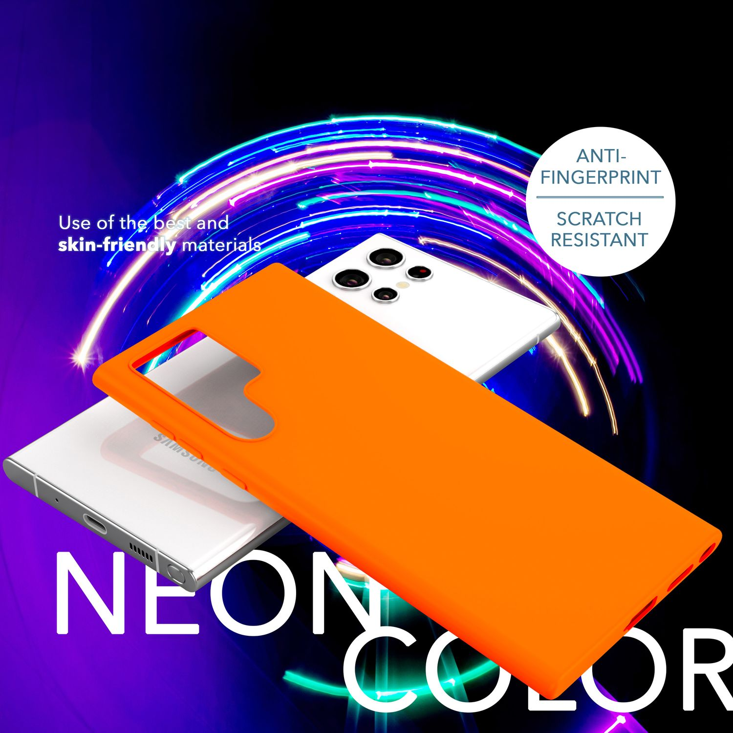 Orangefarbene Handyhülle neben einem weißen Telefon. Text: Neonfarbe, Anti-Fingerprint, kratzfest.