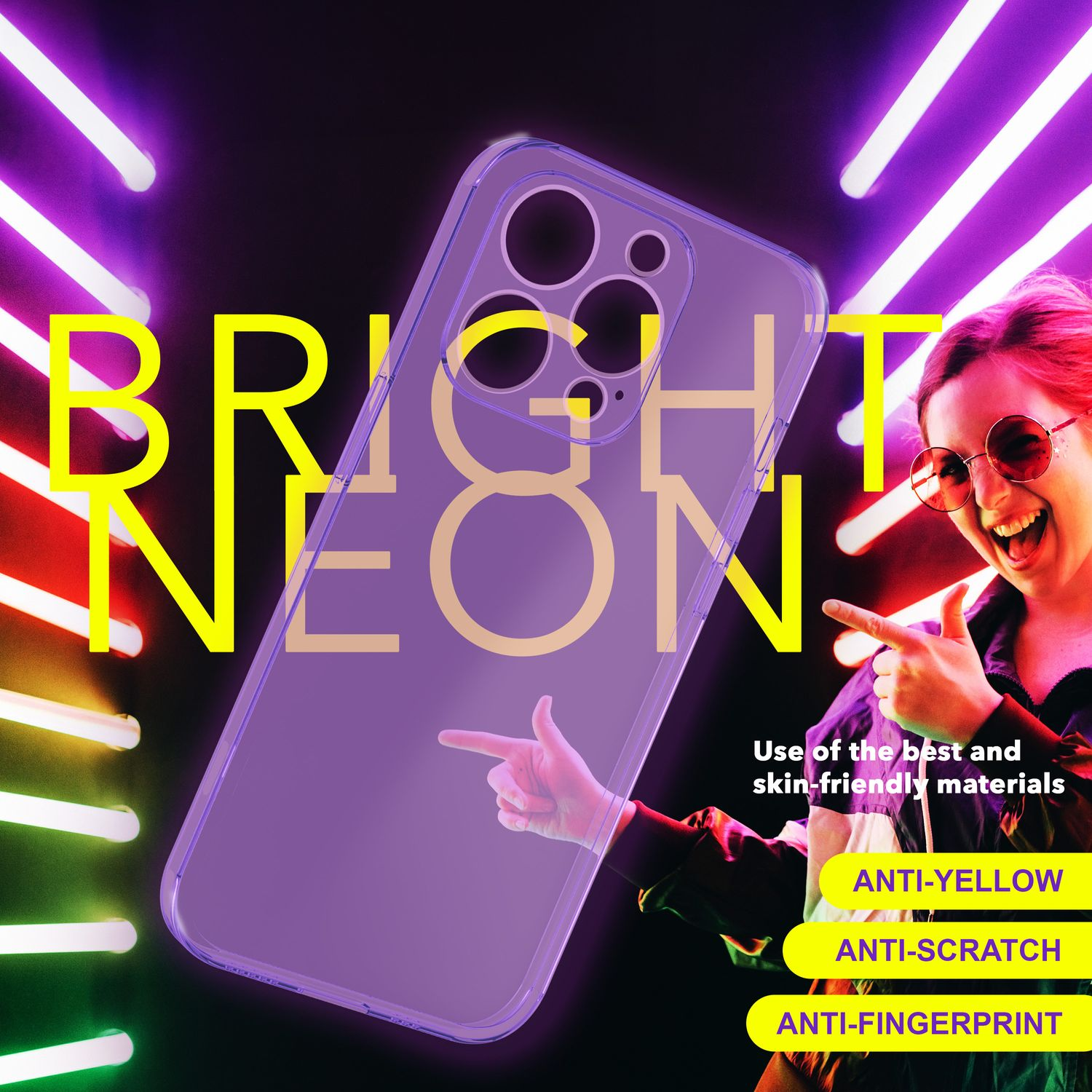 Una custodia per telefono con la scritta "BRIGHT NEON" e le caratteristiche: anti-giallo, antigraffio, anti-impronta, con donna che indica.