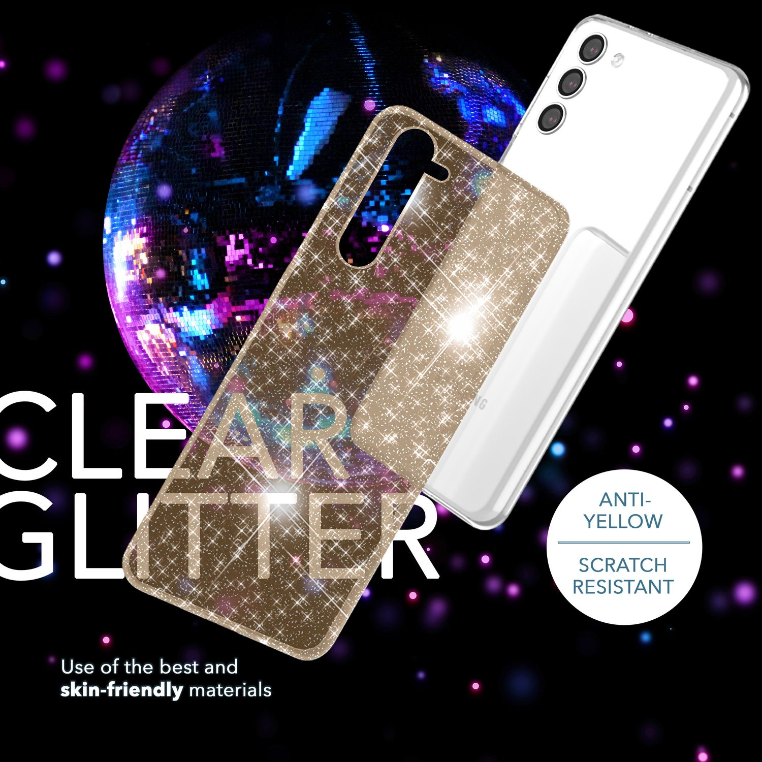 Transparente Glitzer-Handyhülle und ein weißes Telefon, mit Text 'CLEAR GLITTER'. Die Hülle ist am Telefon.