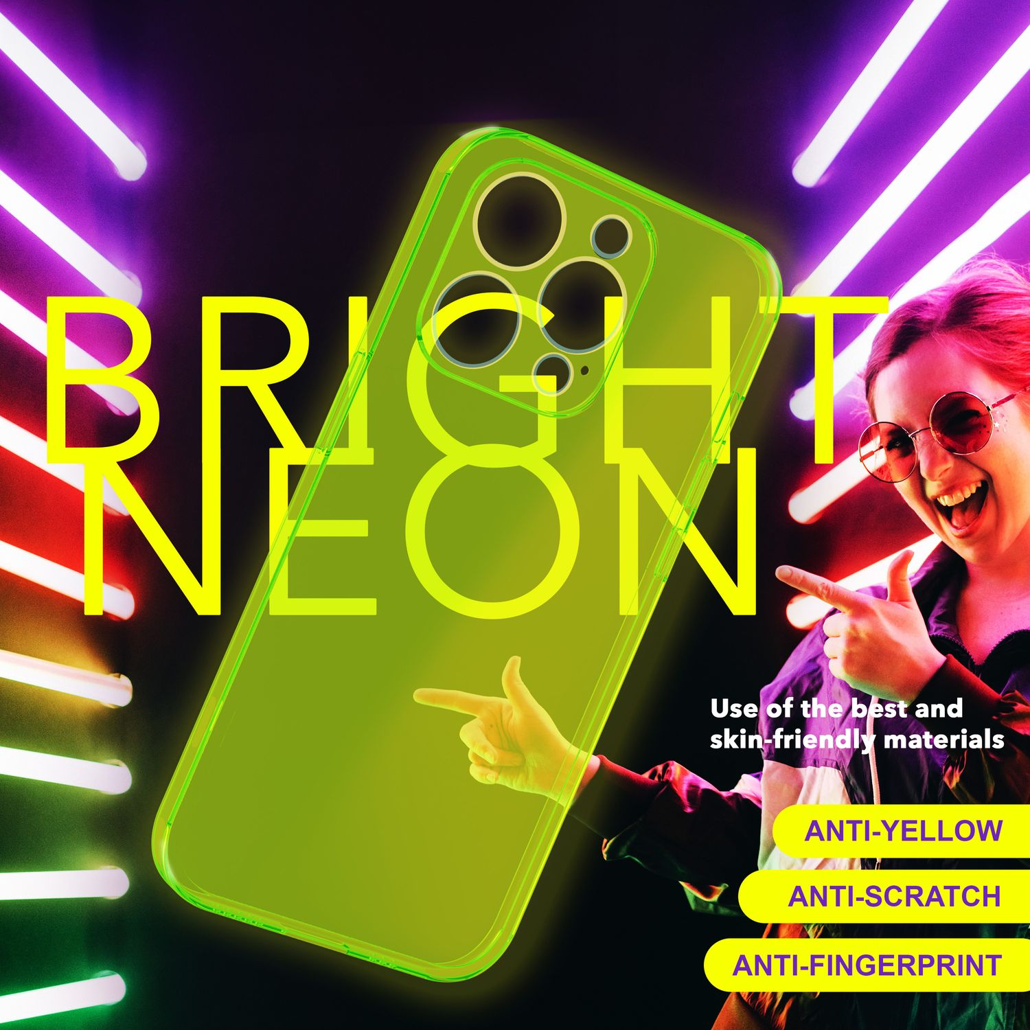 Custodia per telefono al neon brillante con donna che indica e testo sui materiali.