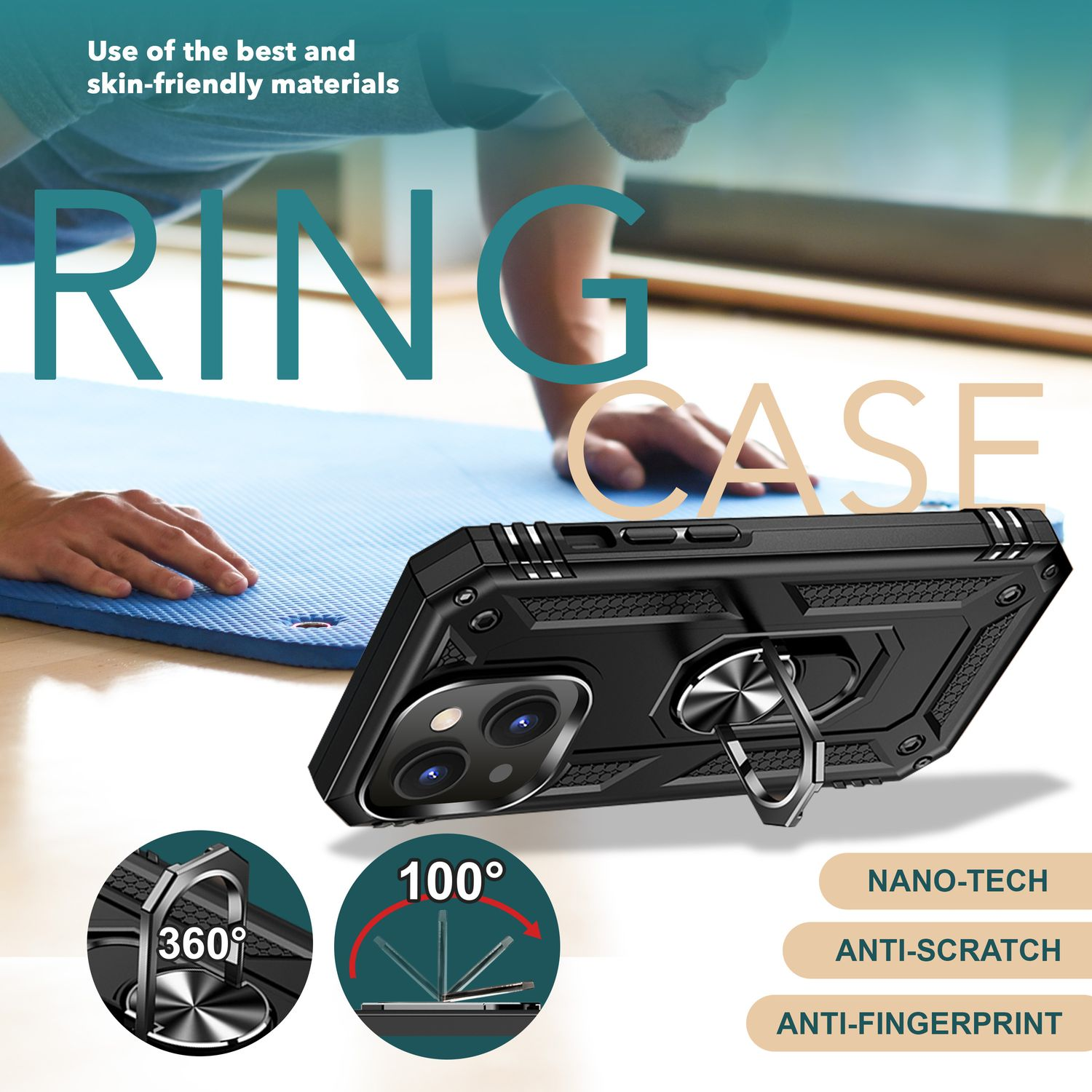 Funda de teléfono negra con soporte de anillo. Muestra rotación de 360 y 100 grados y características Nano-tech.