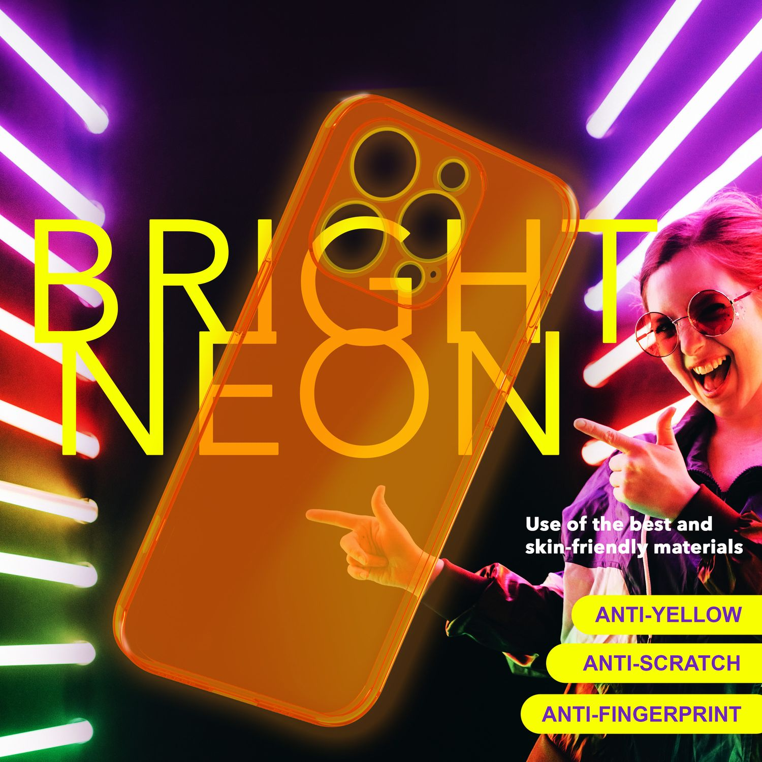 Custodia per telefono arancione neon con testo "BRIGHT NEON". Donna sorridente, indica, sfondo neon.