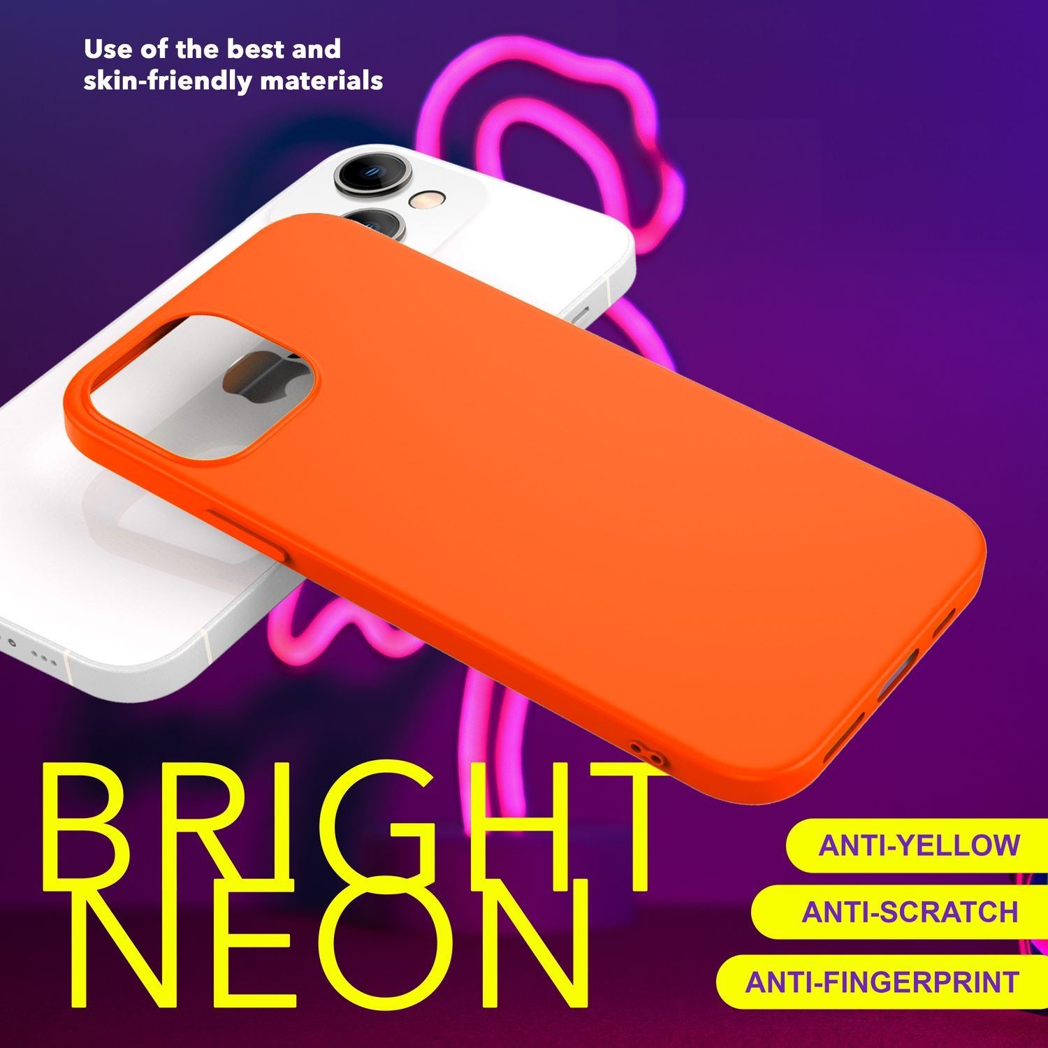 Orangene Handyhülle auf einem weißen Handy, mit Text: Bright Neon, Anti-Gelb, Anti-Kratzer, Anti-Fingerabdruck.