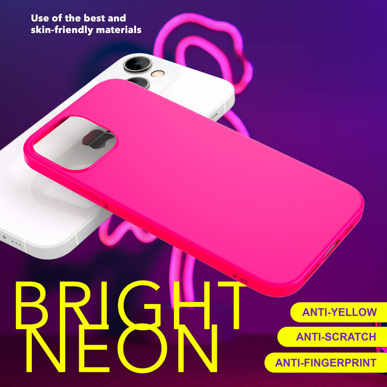 Pinkfarbene Handyhülle, weißes Telefon, gelber Text, weißer Hintergrund.