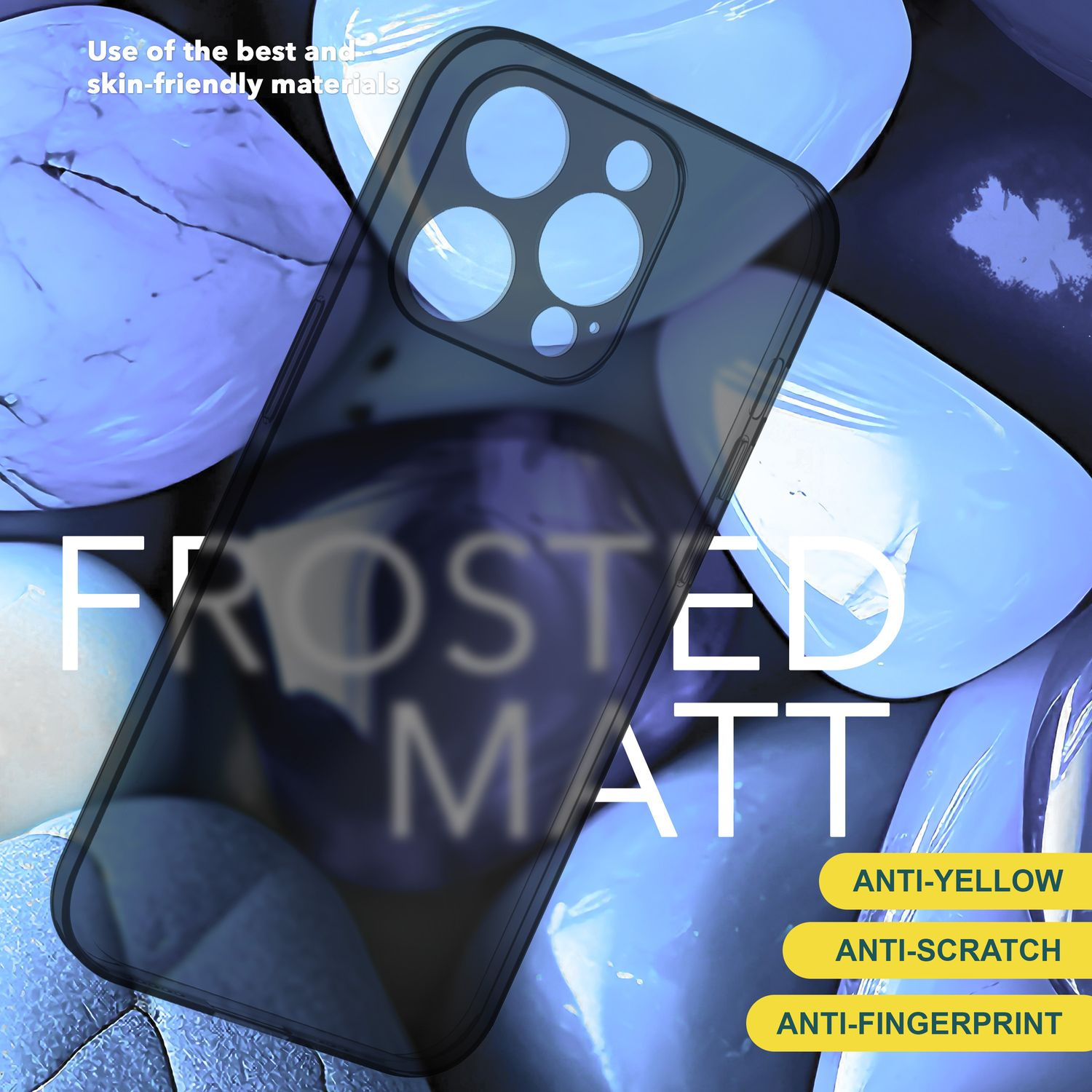 Coque de téléphone noire givrée sur fond bleu texturé. Texte : Frosted Matt. Anti-rayures, anti-jaunissement.