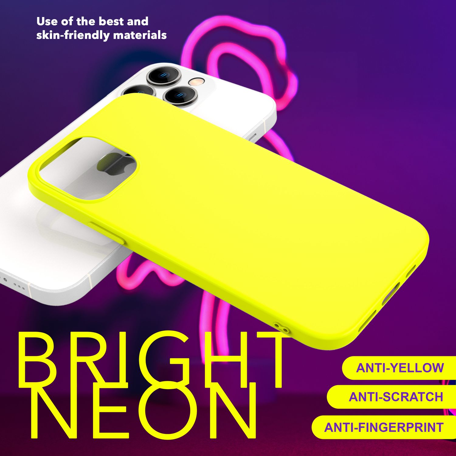 Eine Handyhülle in leuchtendem Gelb und ein weißes Telefon. Der Text lautet „BRIGHT NEON“. Auf den Tags steht „ANTI-YELLOW“ usw.