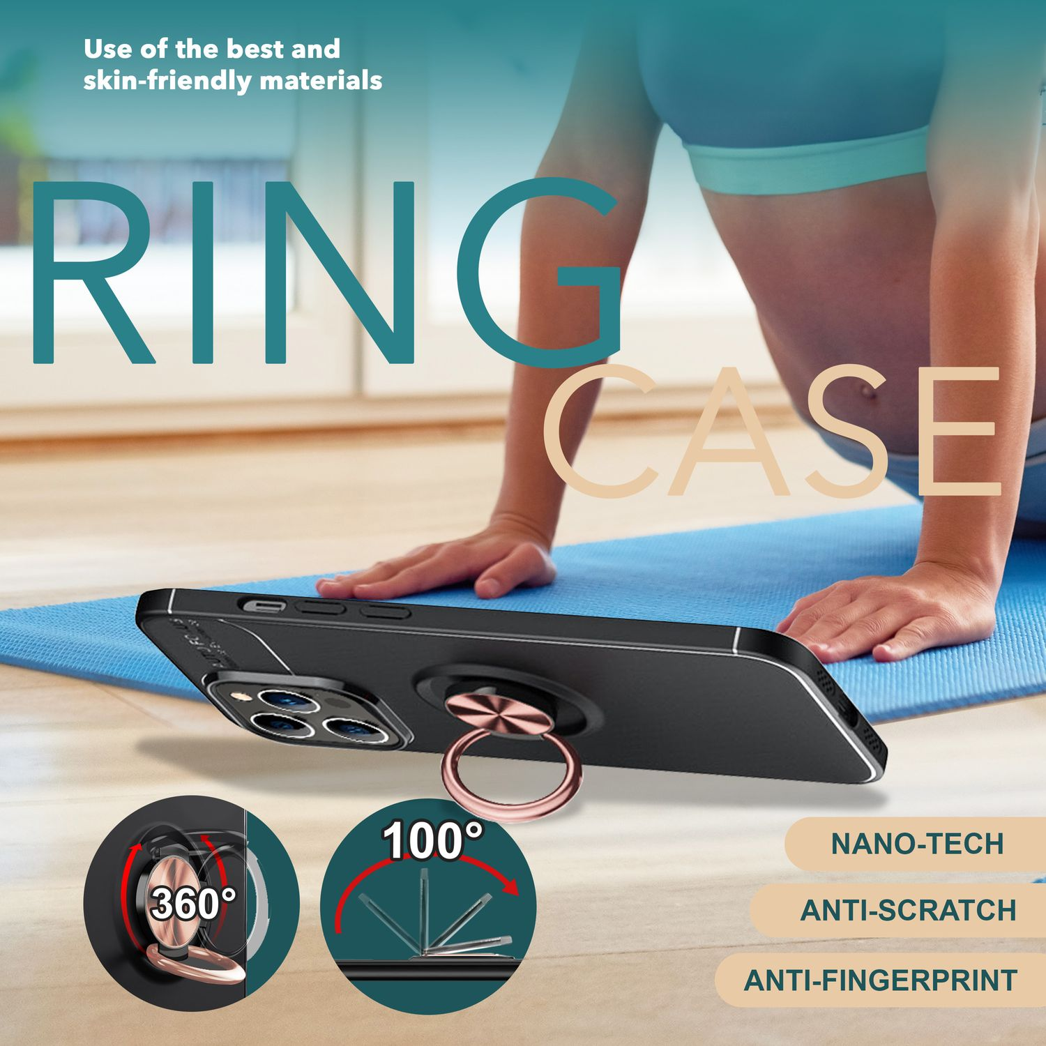 Funda negra con soporte de anillo, sobre esterilla azul. Texto: Ring Case, Nano-Tech, Antiarañazos, Antihuellas.