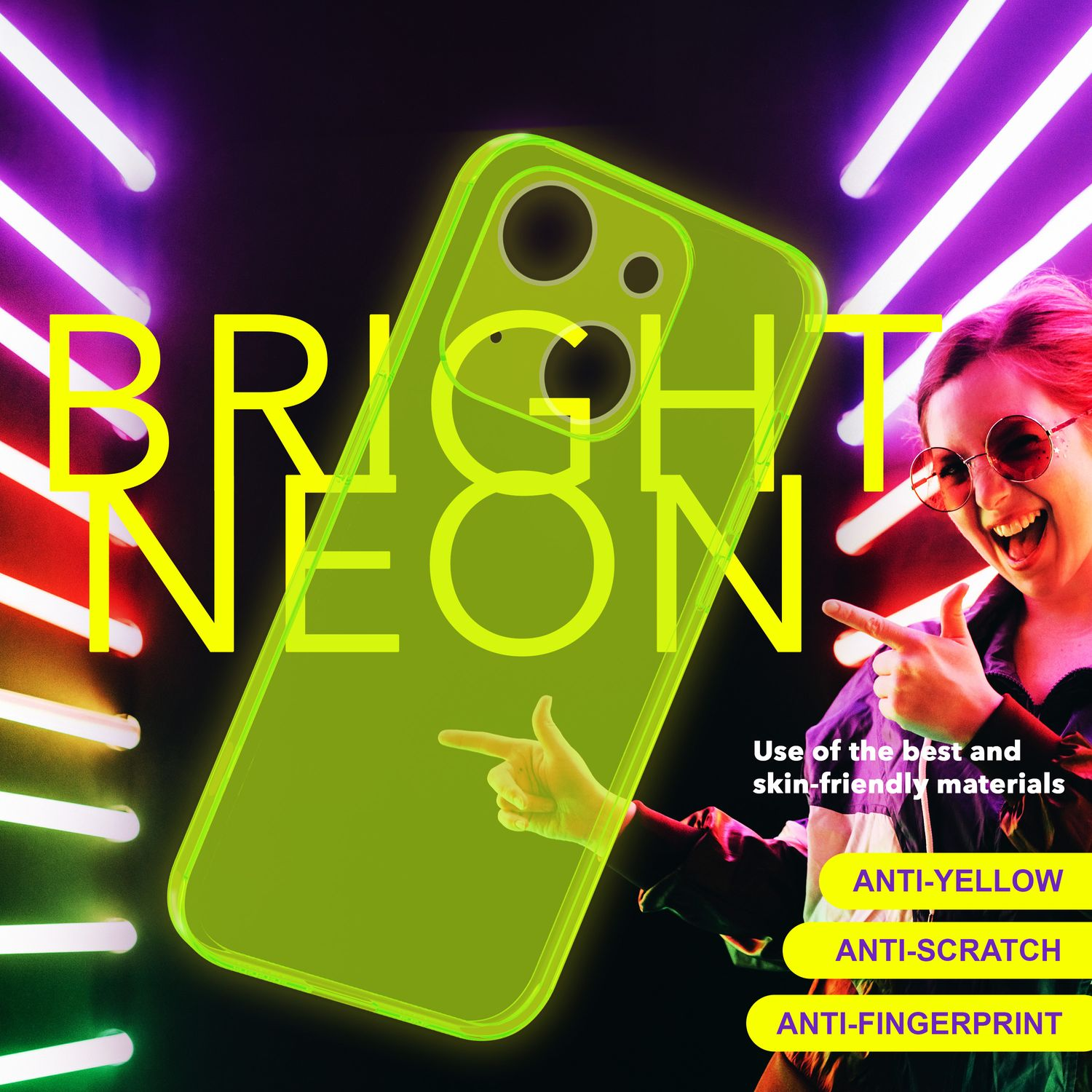 Funda de teléfono verde neón con texto "BRIGHT NEON". Una persona lo señala.