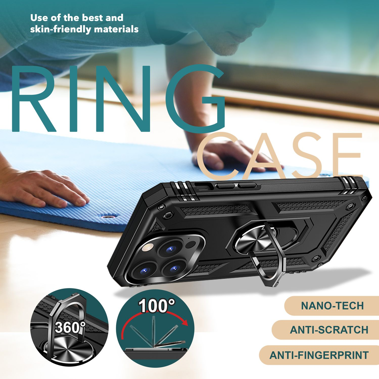 Funda de teléfono negra con soporte de anillo, texto: RING CASE, antiarañazos, antihuellas y características nano-tech.