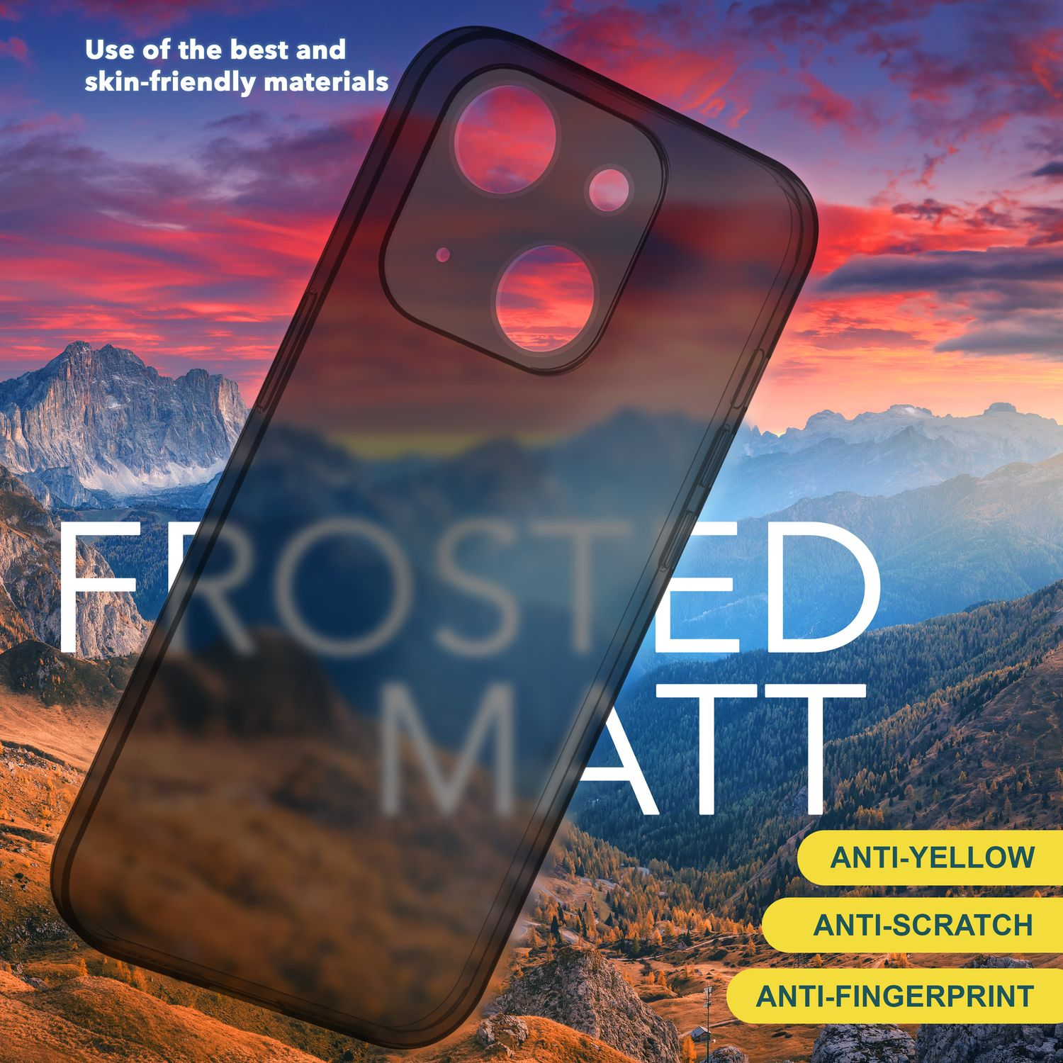 Coque de téléphone avec un arrière-plan de montagne. Texte : Frosted Matt, Anti-Jaune, Anti-Rayures, Anti-Empreintes.
