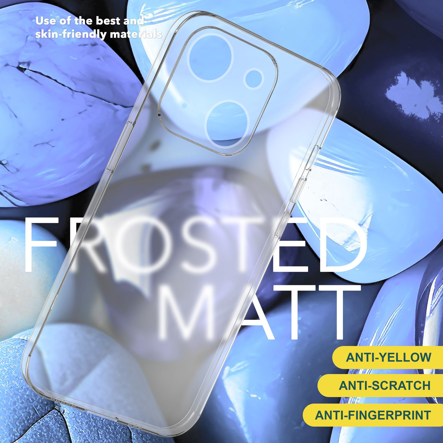 Handyhülle mit Text FROSTED MATT. Abstrakter Hintergrund mit blauen Formen. Drei Labels: ANTI-GELB, ANTI-KRATZER, ANTI-FINGERABDRUCK.