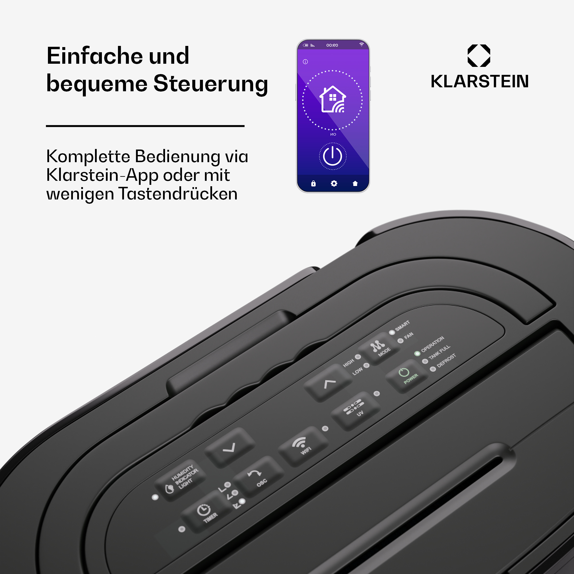 Schwarzes Gerät mit Bedienfeld und Telefonbildschirm. Weißer Hintergrund.