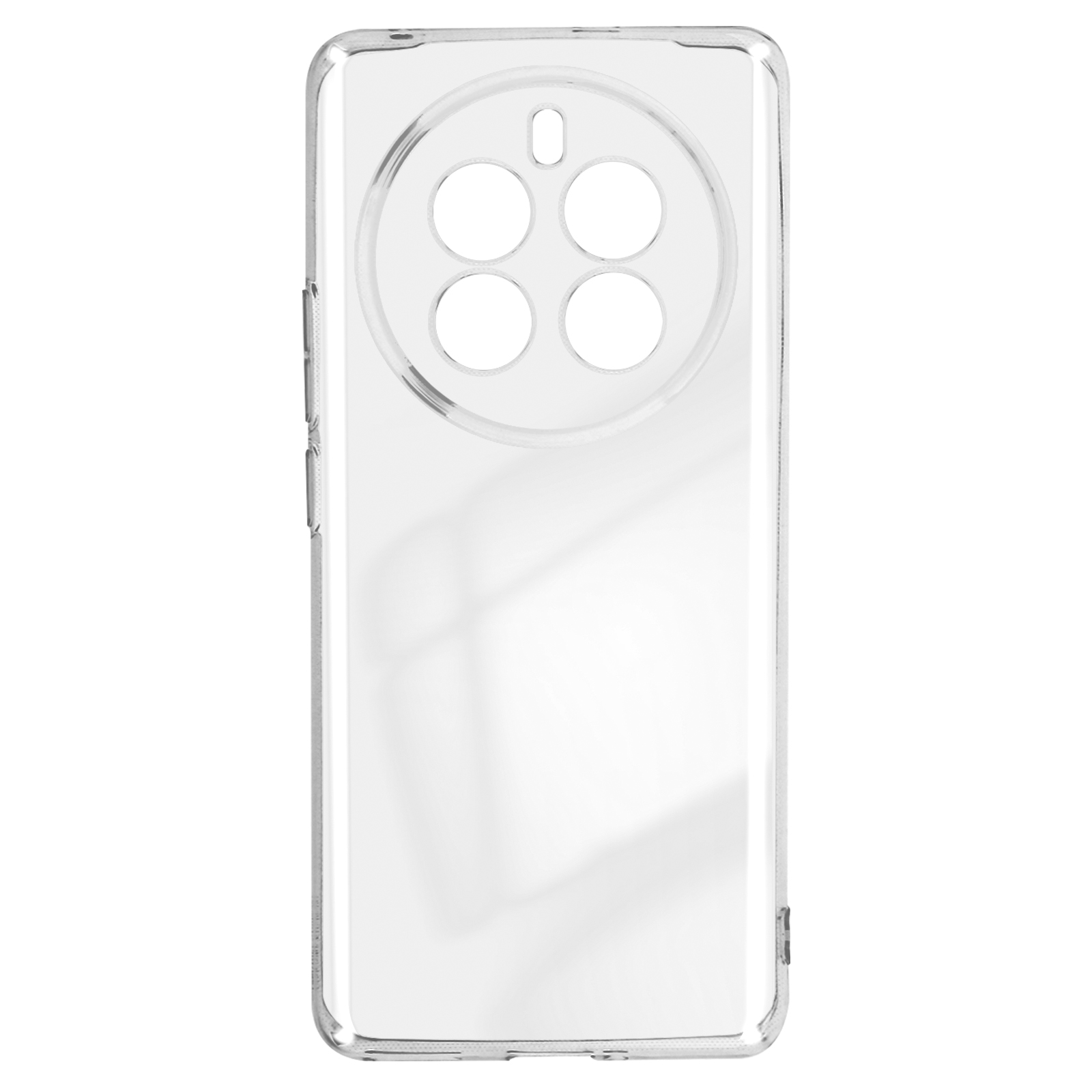 Transparente Handyhülle mit Kameraausschnitten. Transparentes, hartes Plastik. Weißer Hintergrund.