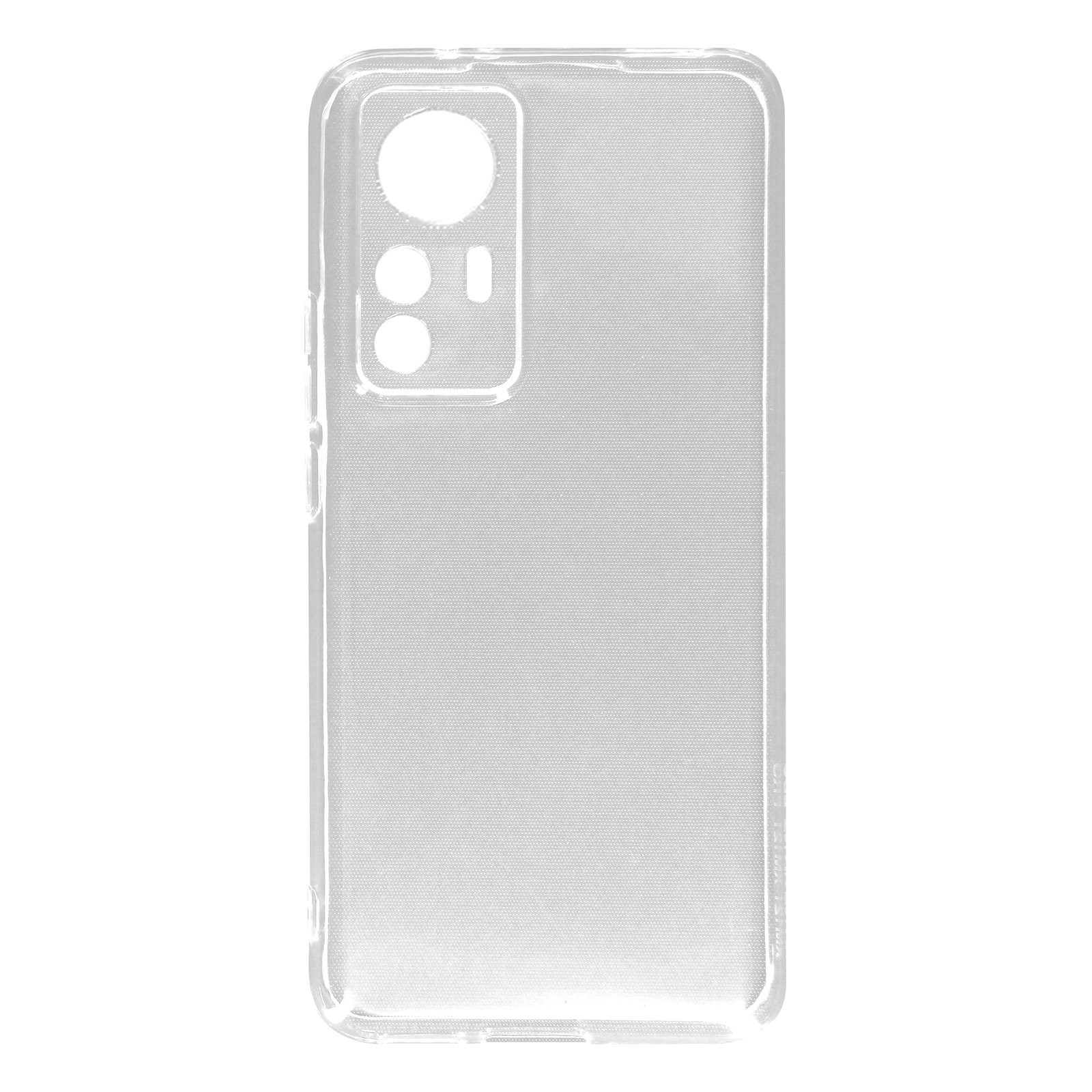Custodia trasparente per telefono con ritaglio per fotocamera. Sfondo bianco.