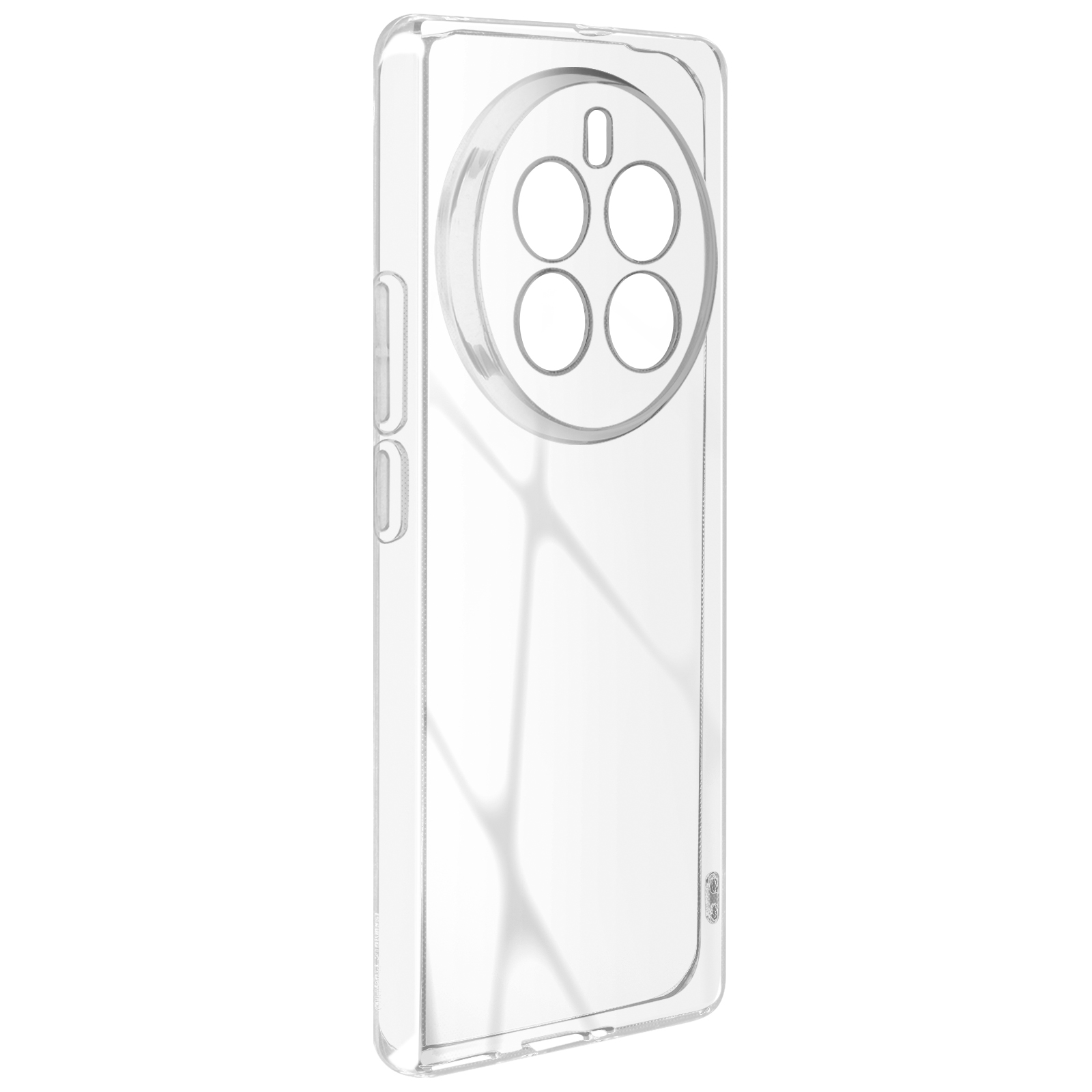 Eine transparente Handyhülle, die die Rückseite mit Kameraausschnitten zeigt. Die Hülle ist transparent.