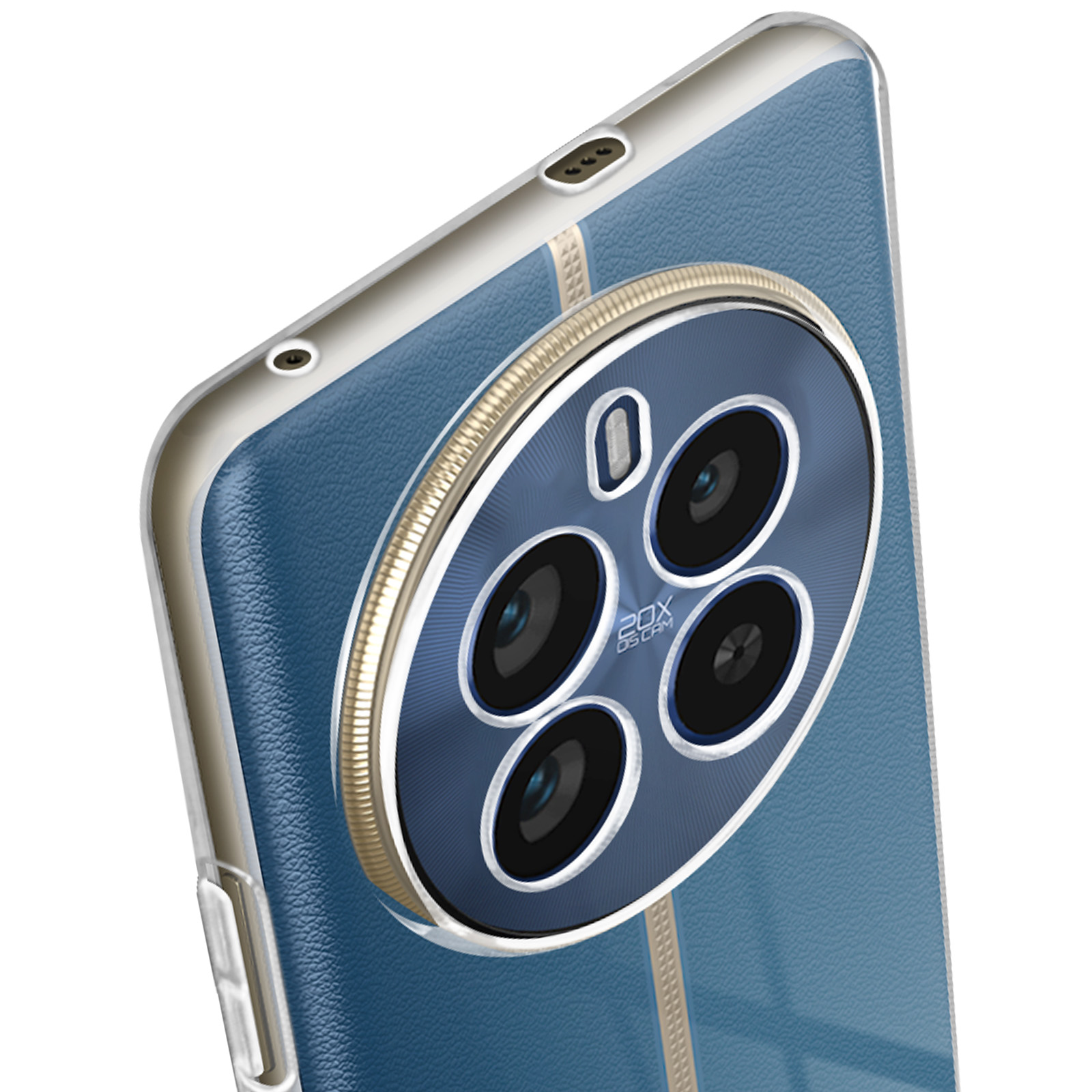 Nahaufnahme des Kameramoduls eines Smartphones. Blauer Rücken, goldener Ring um die Linsen.
