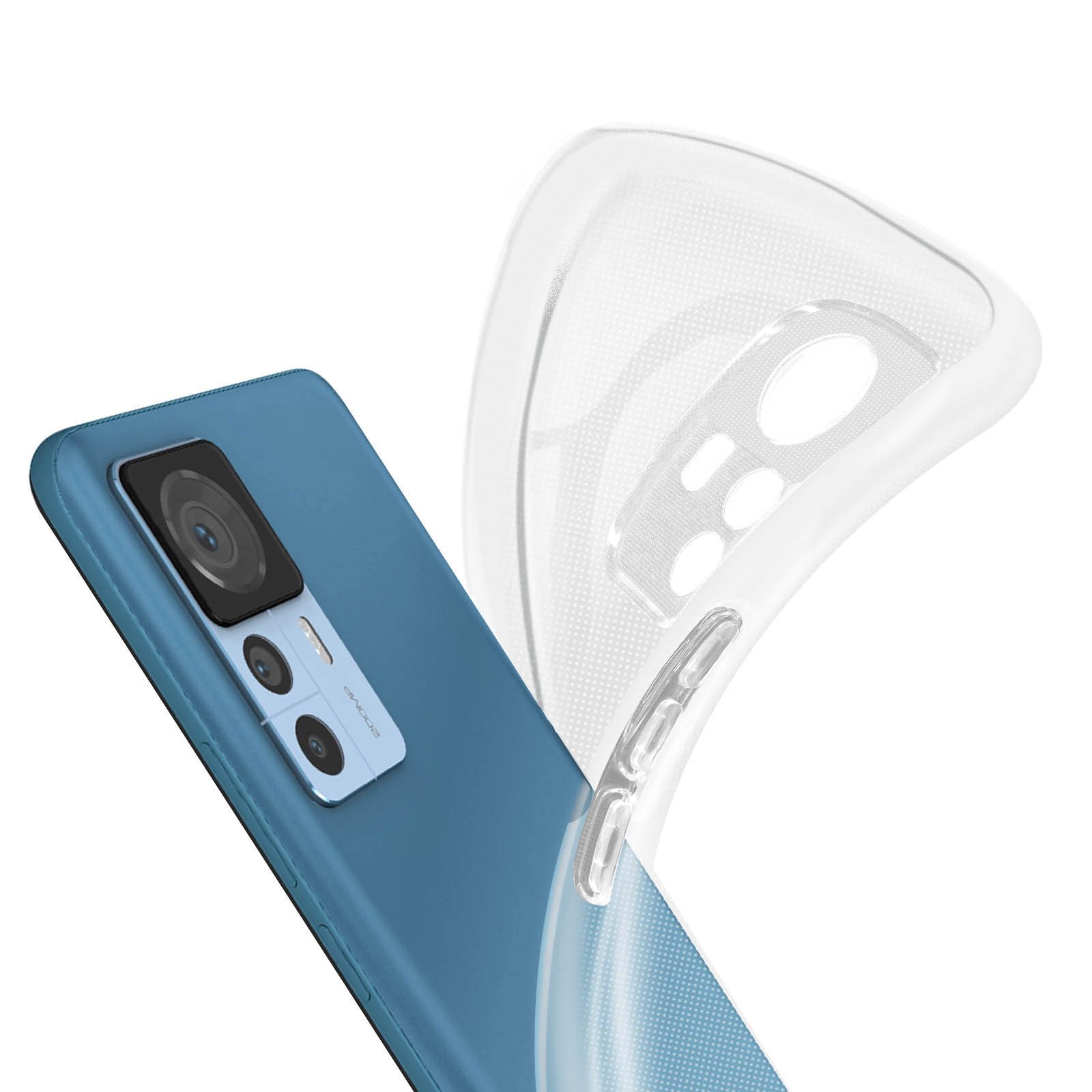 Un telefono blu con una custodia trasparente, fotocamera posteriore visibile. La custodia è trasparente e curva sul telefono.