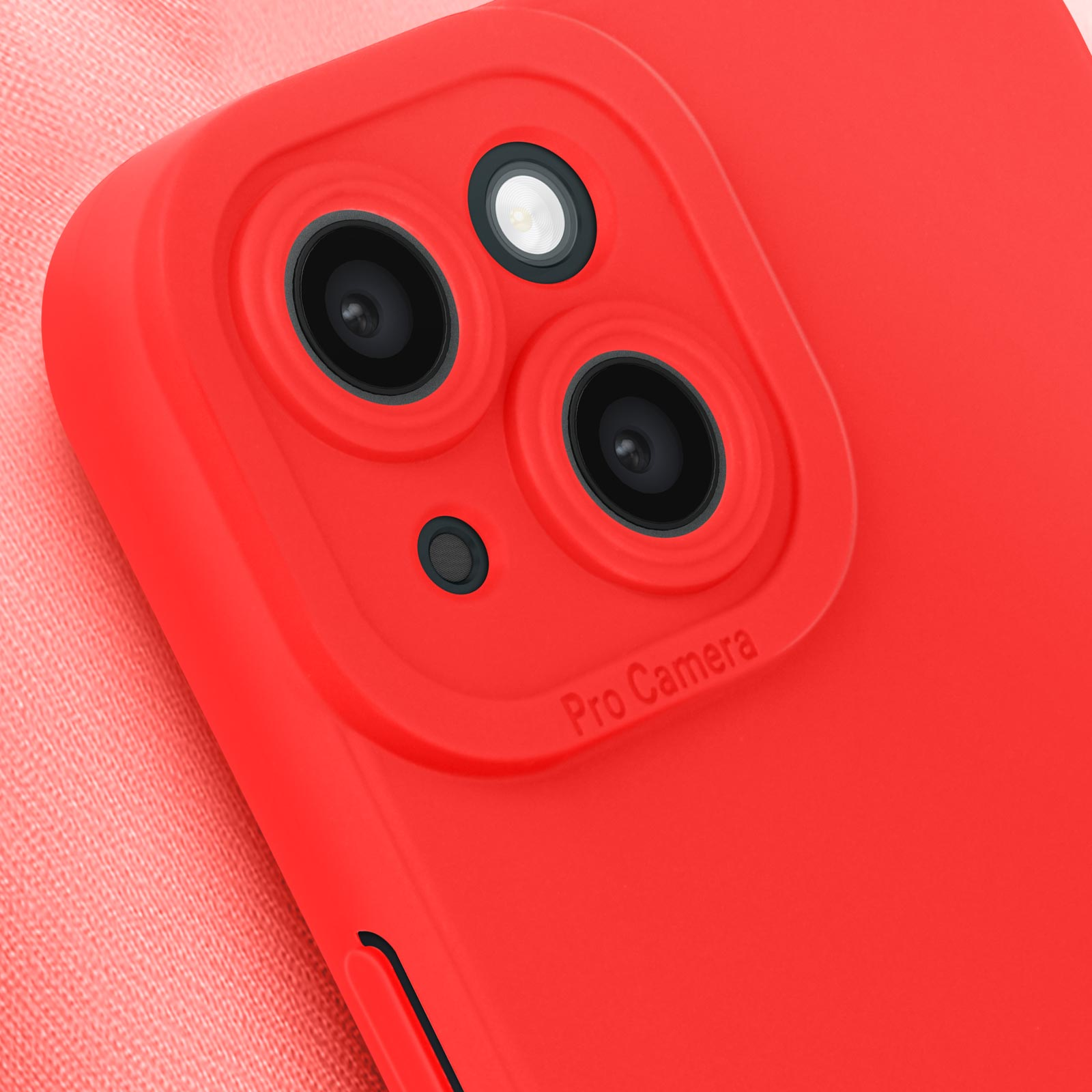 Custodia per telefono rossa con un design a fotocamera. La custodia copre la fotocamera del telefono. La parola Pro Camera è visibile.