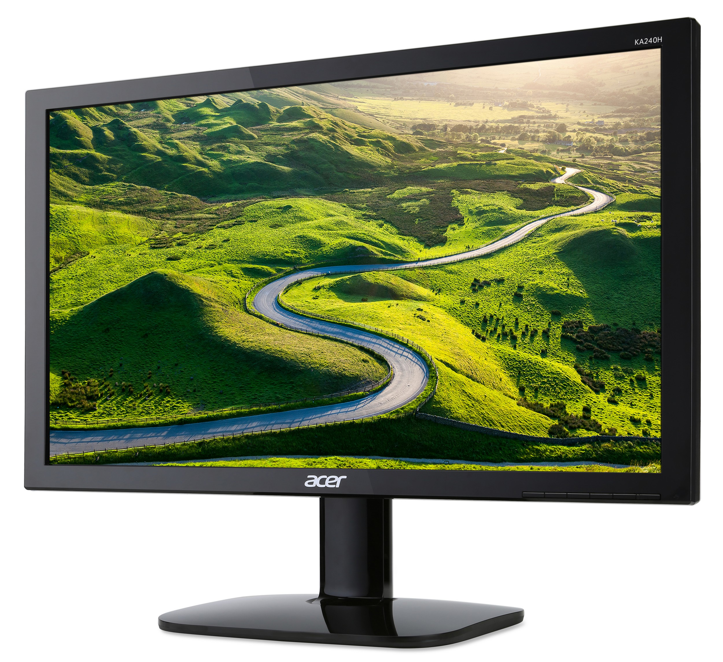 Monitor Acer che mostra una strada panoramica che serpeggia tra verdi colline sotto un cielo luminoso.