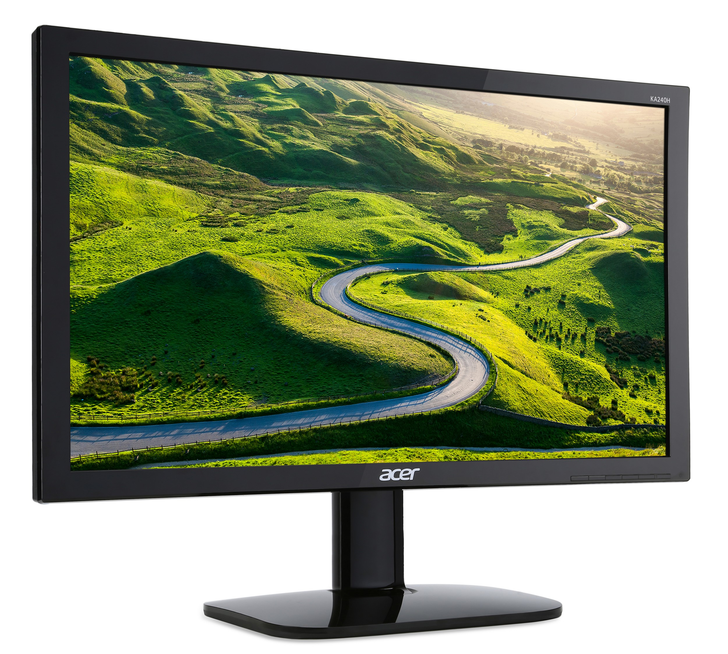 Monitor Acer che mostra una strada tortuosa attraverso colline verdi sotto un cielo luminoso.