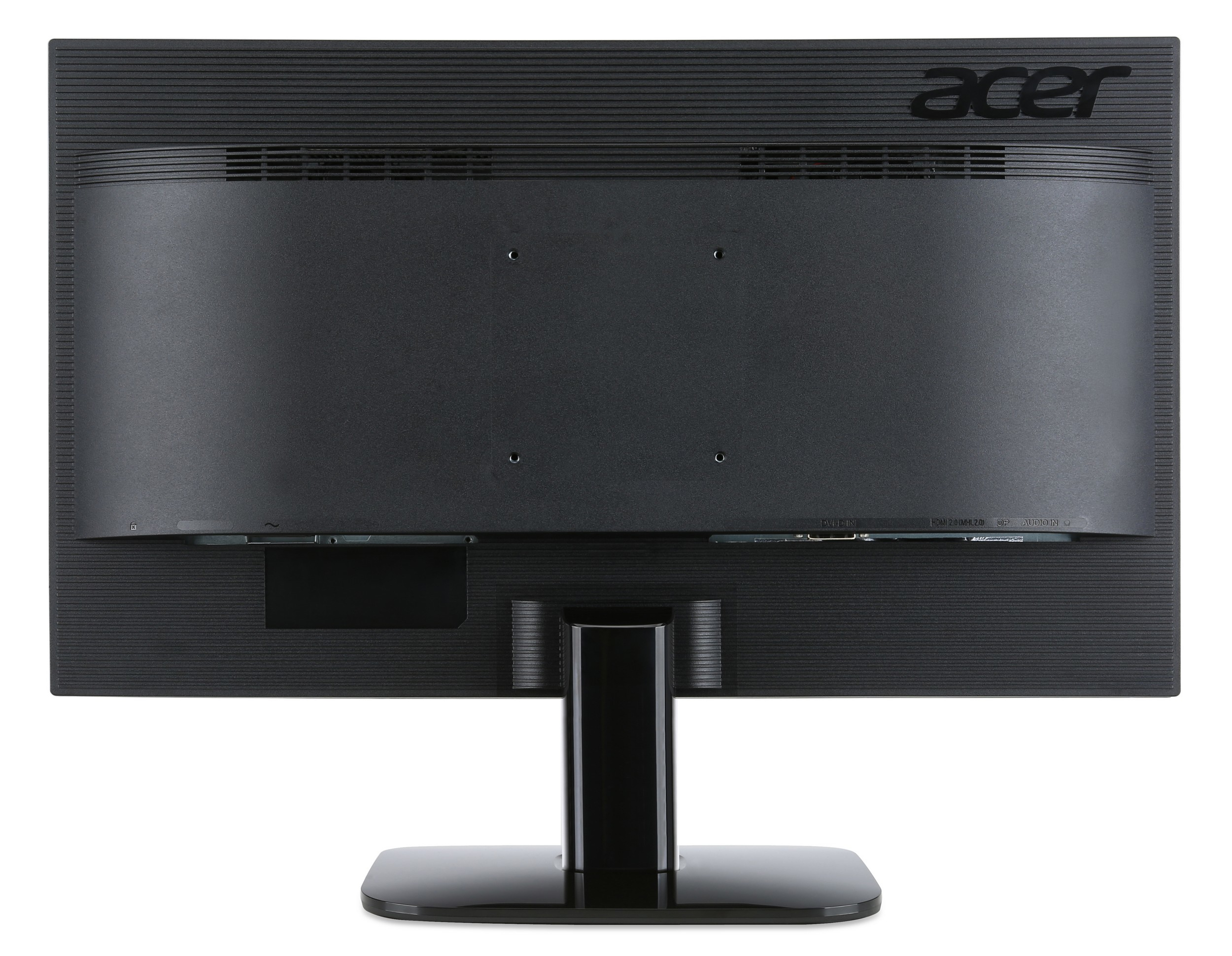 Vista posteriore di un monitor Acer nero, con supporto. Logo Acer e prese d'aria in alto.