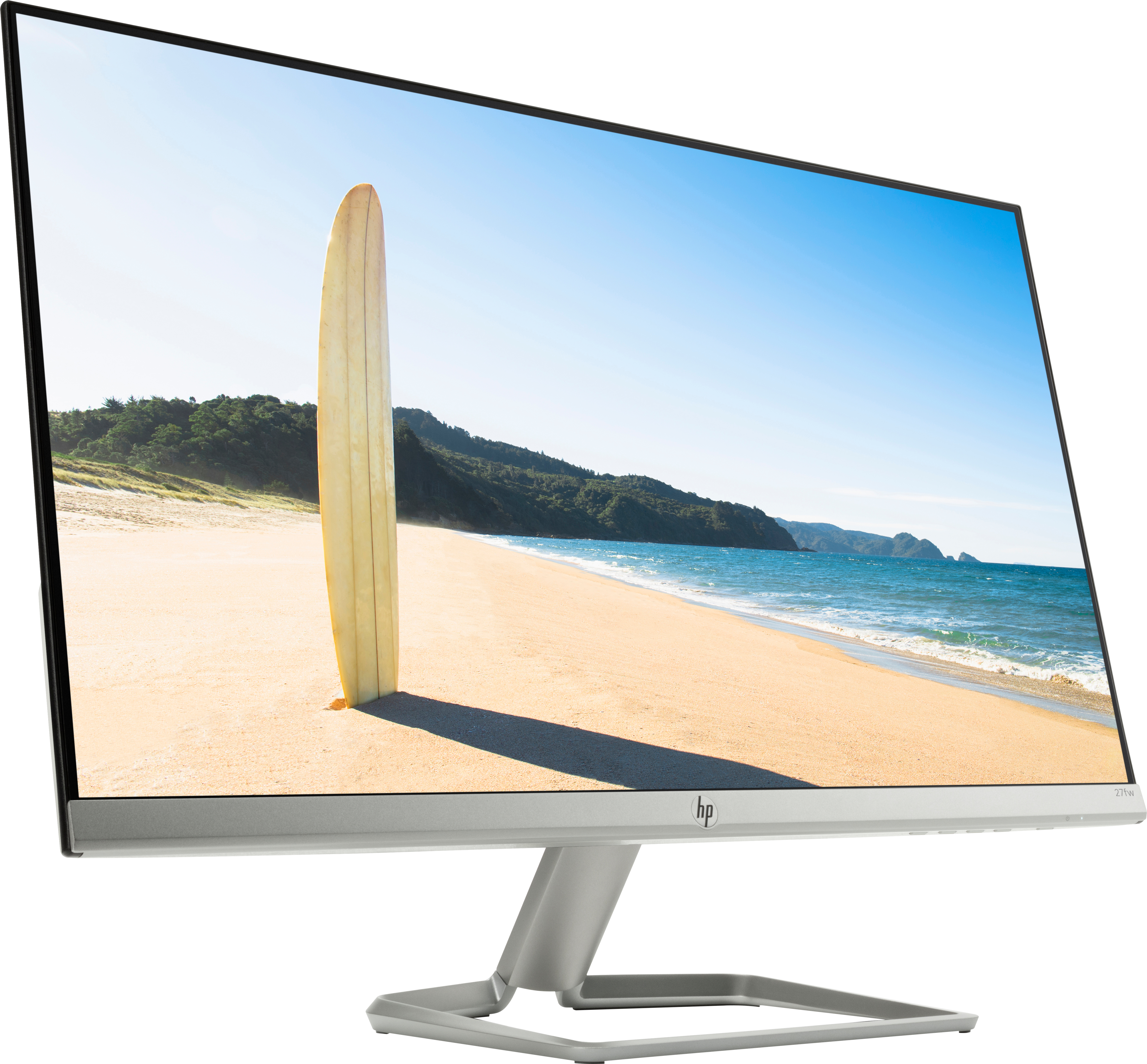 Un monitor mostra una scena di spiaggia con una tavola da surf. Lo schermo è argentato, il supporto è grigio. Cielo blu.