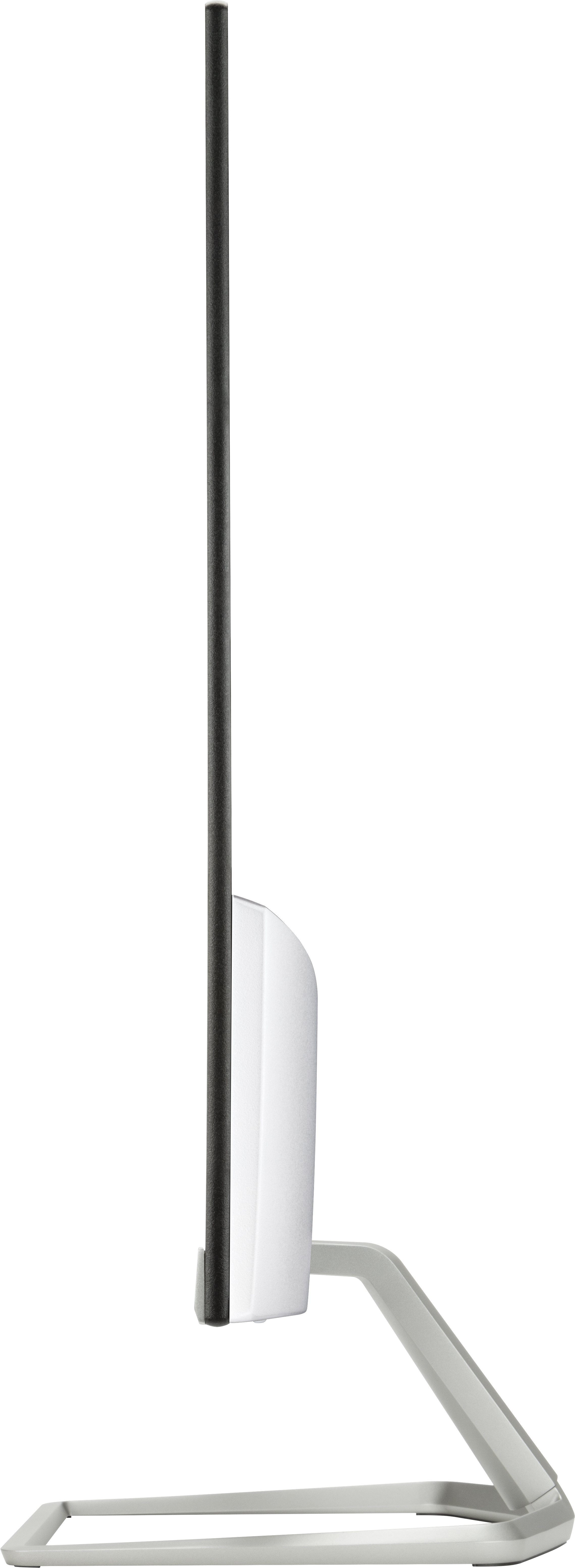 Vista laterale di un monitor per computer bianco con supporto nero, su sfondo bianco.
