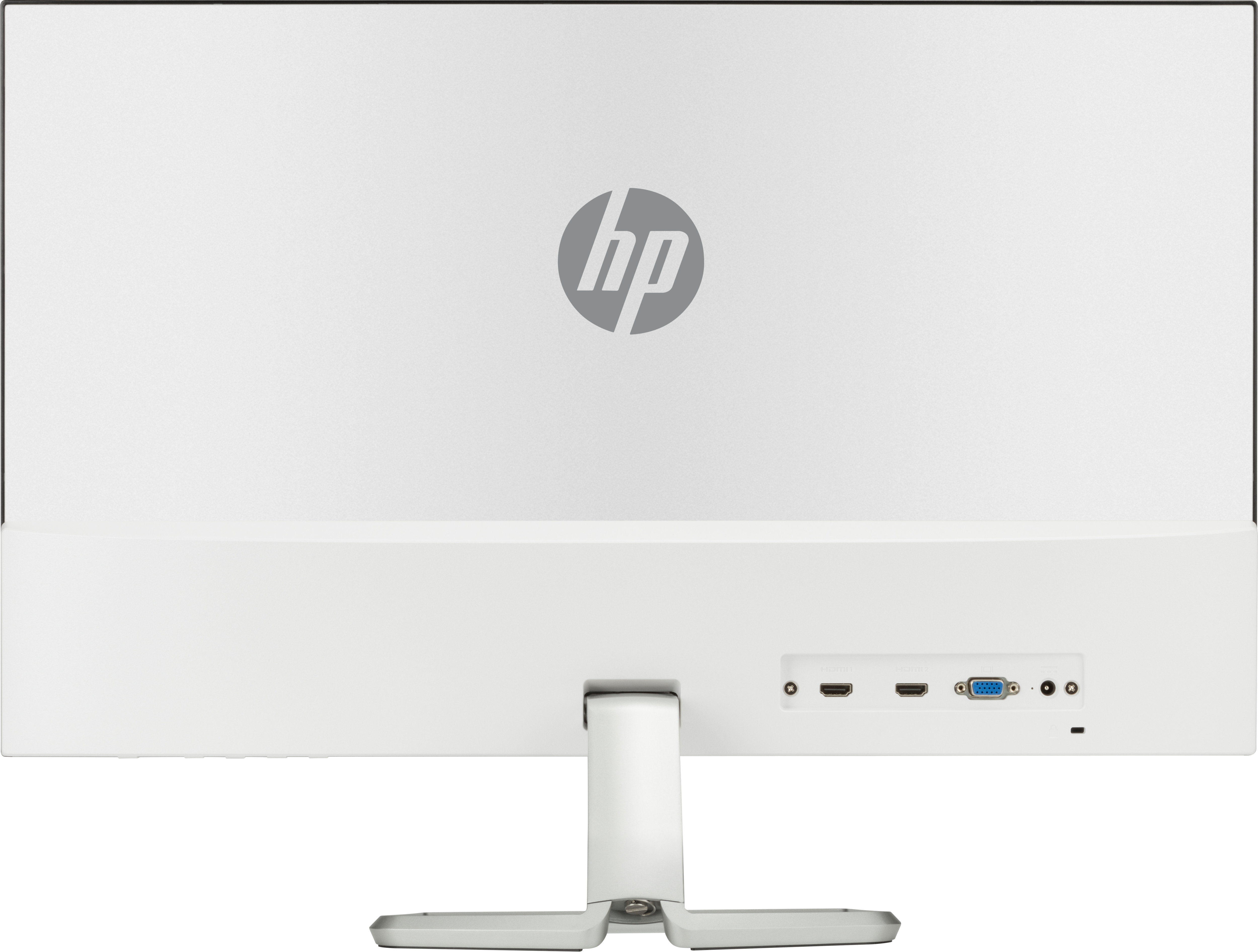 Il retro di un monitor per computer bianco con il logo HP e le porte.
