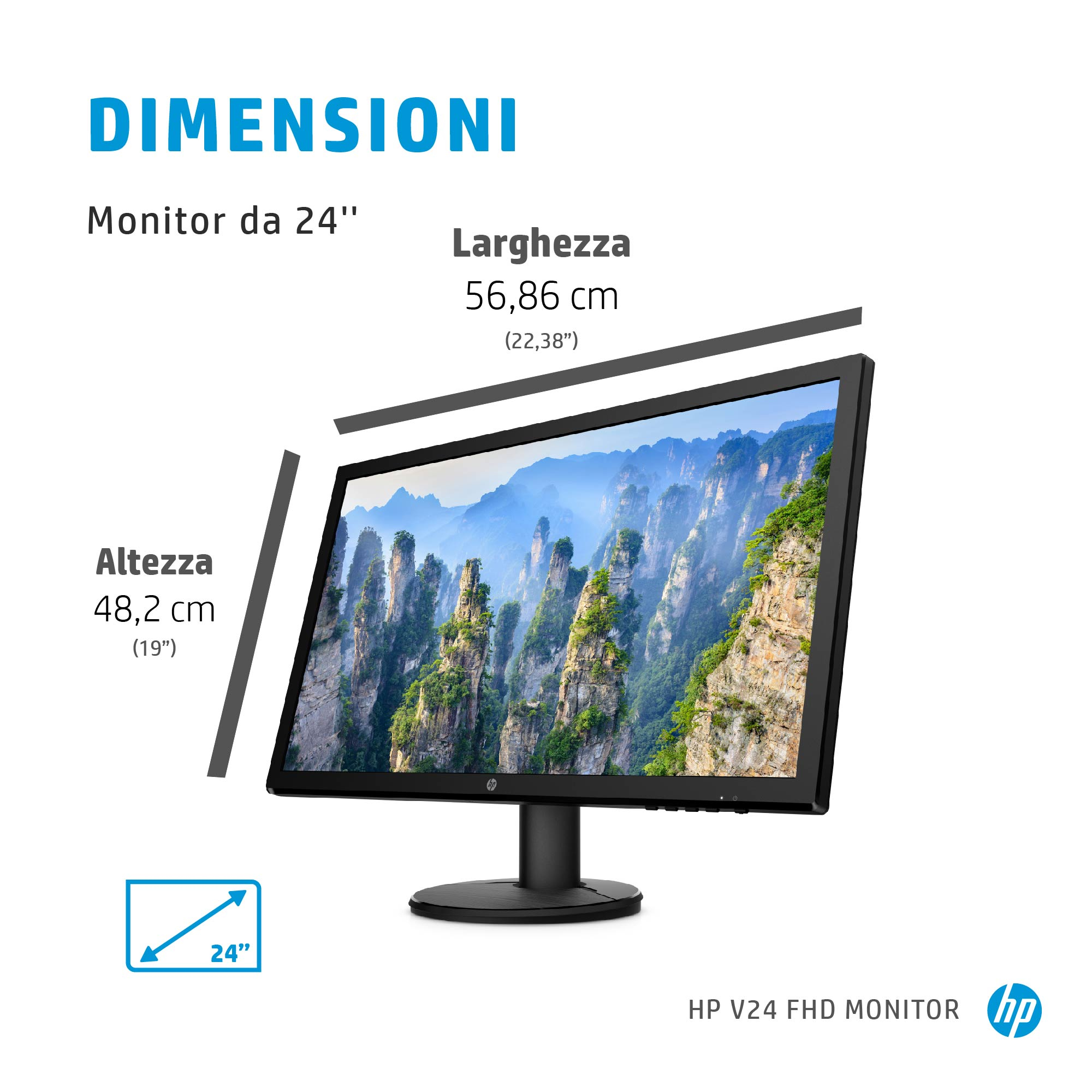 Monitor HP da 24 pollici con dimensioni visualizzate. Mostra una scena di montagna sullo schermo.