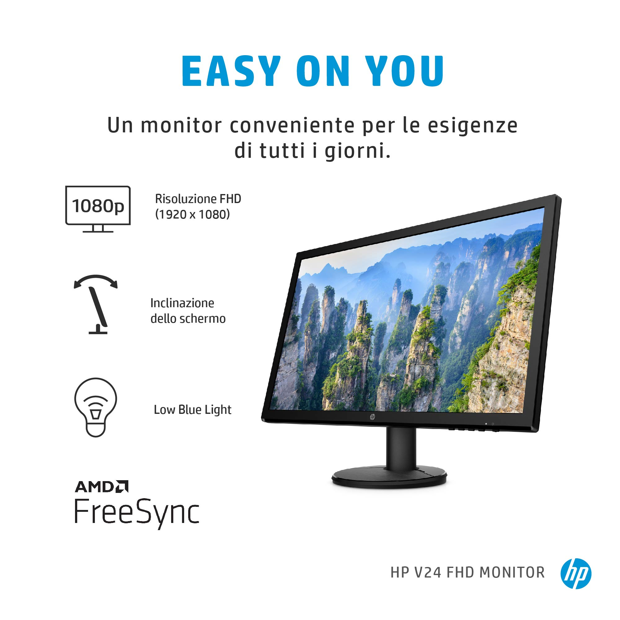 Monitor HP V24 FHD con testo: 1080p, inclinazione dello schermo, luce blu ridotta, AMD FreeSync. Logo HP.