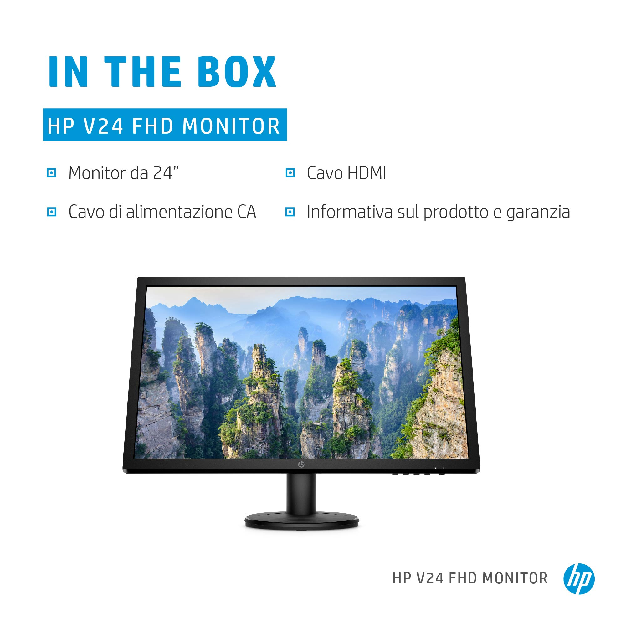 Monitor HP V24 FHD. Nella confezione: monitor, cavo HDMI, cavo di alimentazione e info prodotto.