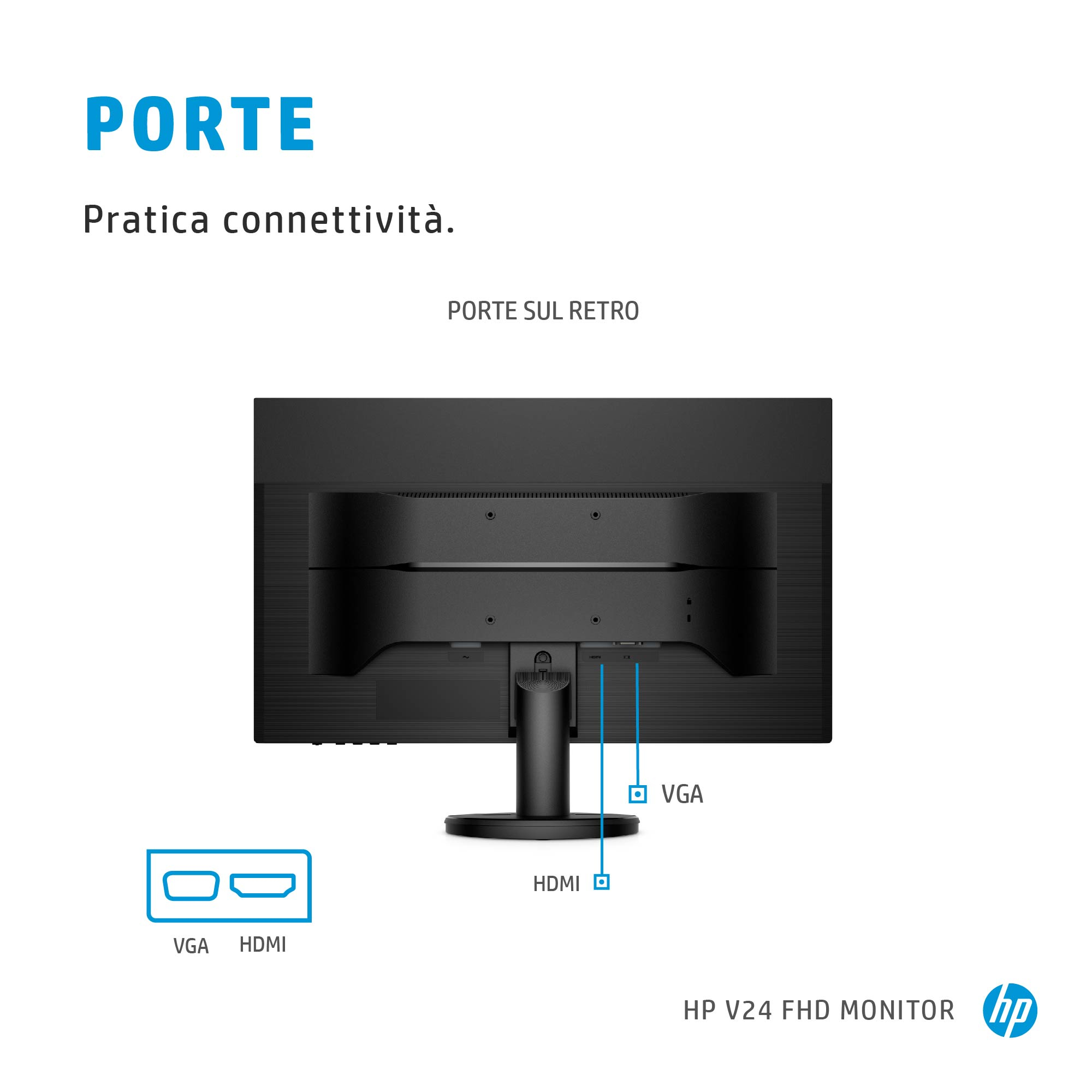 Monitor nero con porte VGA e HDMI. Testo: Porte, pratica connettivita. Monitor HP V24 FHD.