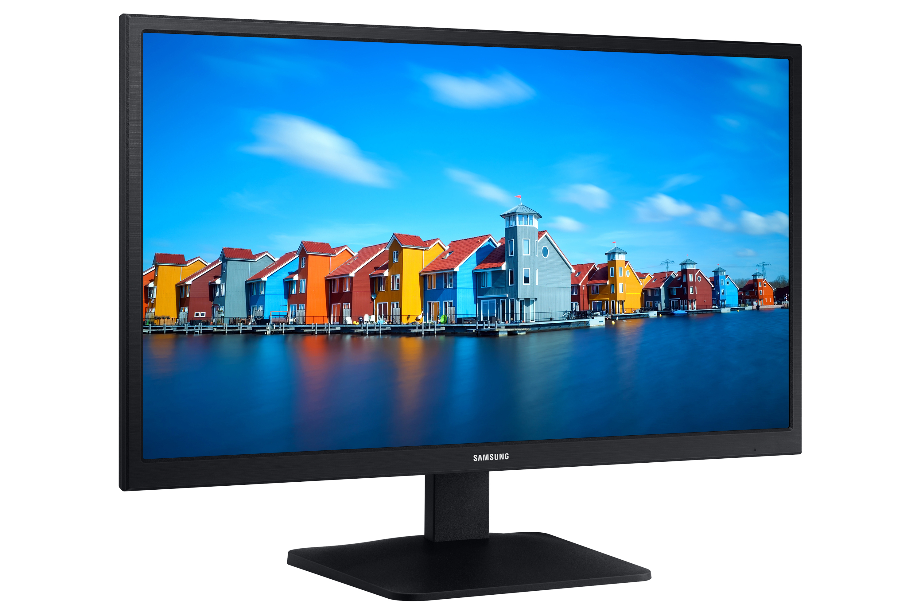 Schwarzer Samsung-Monitor mit bunten Gebäuden und Wasser.