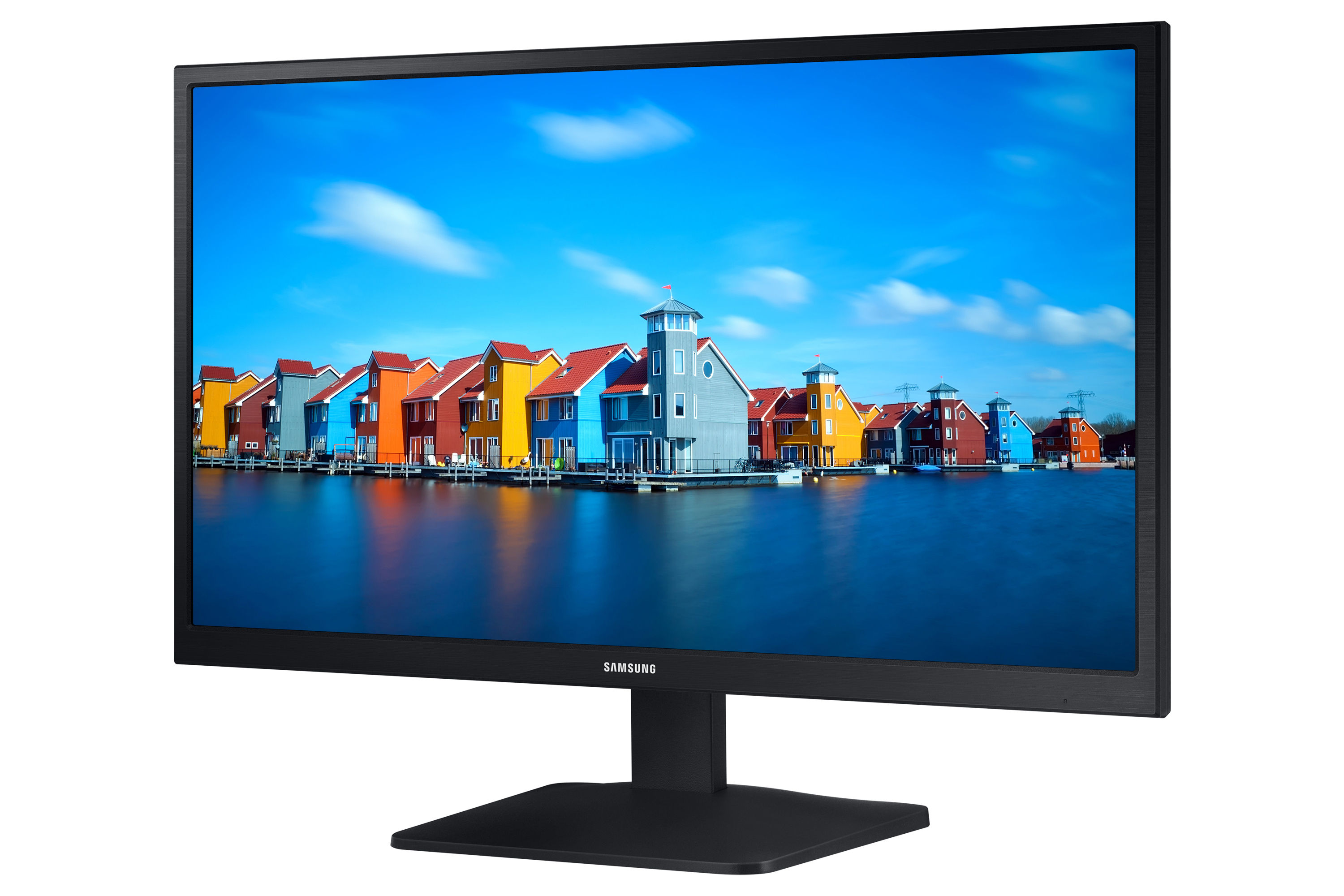 Ein schwarzer Computermonitor, der eine bunte Stadtlandschaft mit Wasser und Gebäuden zeigt.