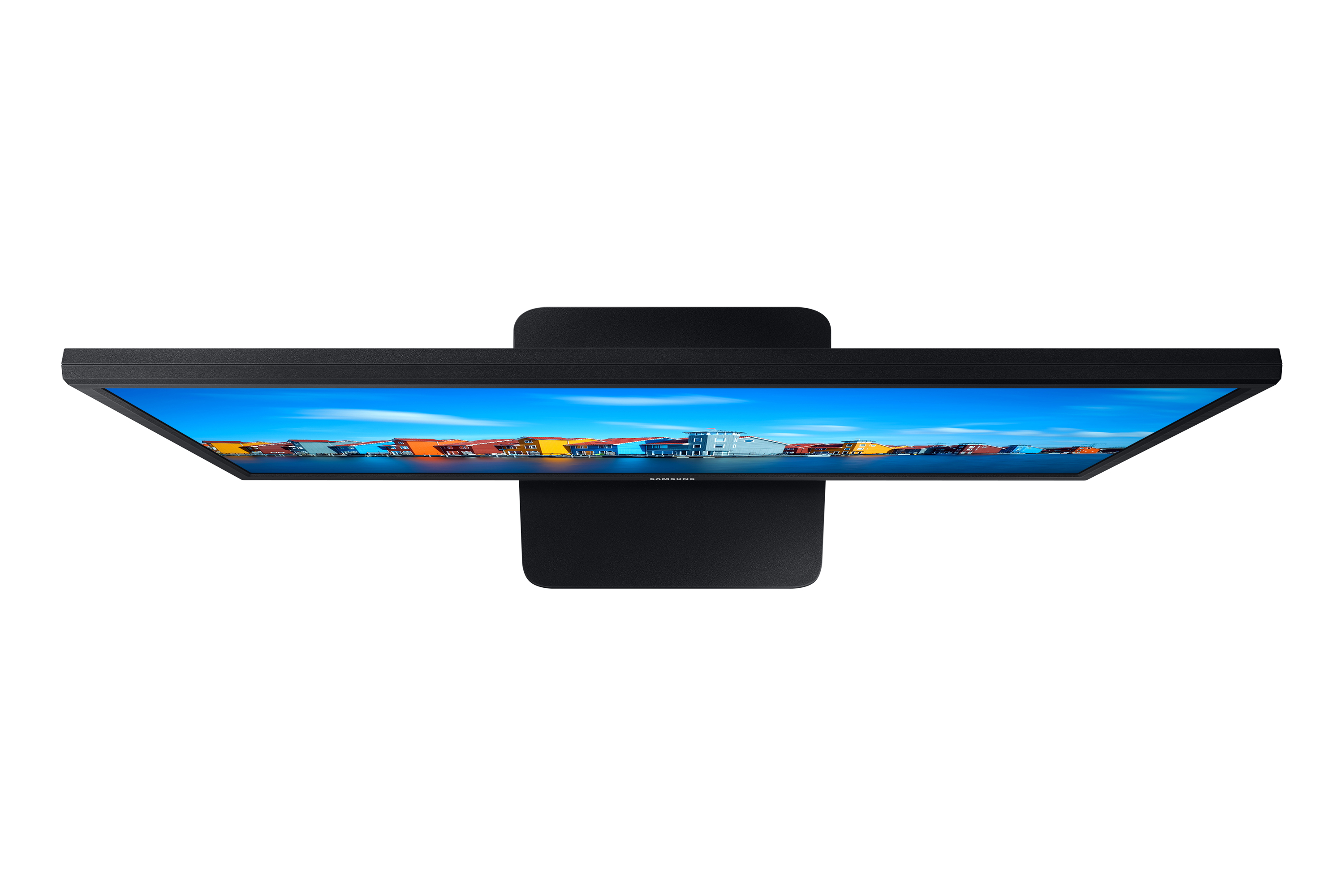 Draufsicht auf einen schwarzen Monitor, der eine Szene mit blauem Himmel und Wasser zeigt.