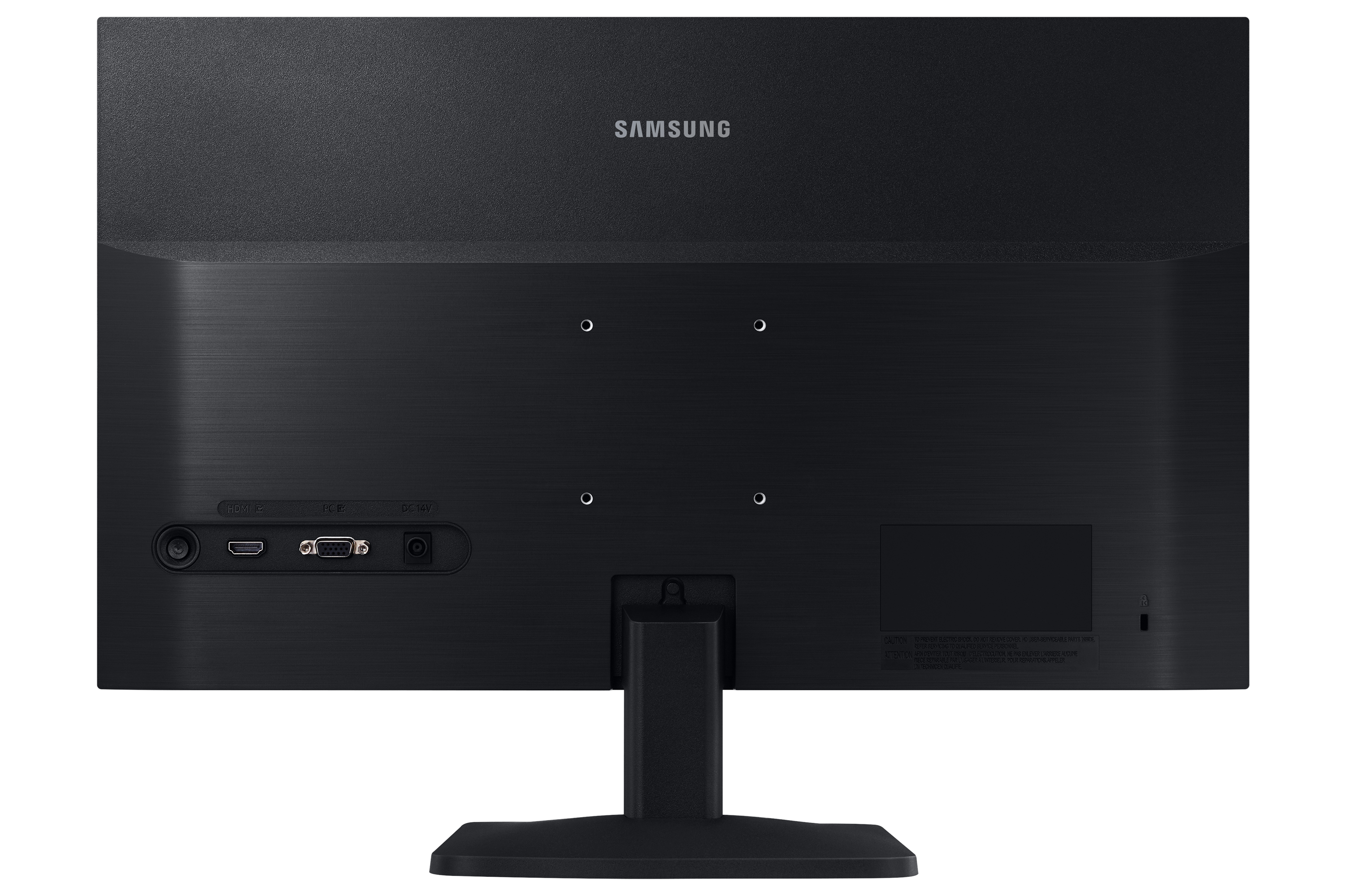 Rückseite eines schwarzen Samsung-Monitors mit Anschlüssen.