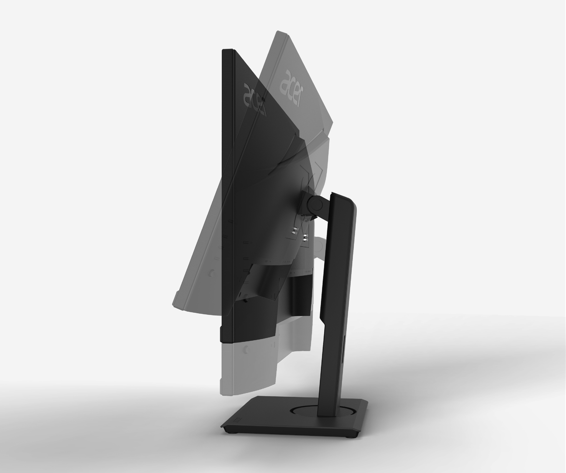Czarny monitor Acer, widok z boku, z regulowanym pochyleniem i czarną podstawą.