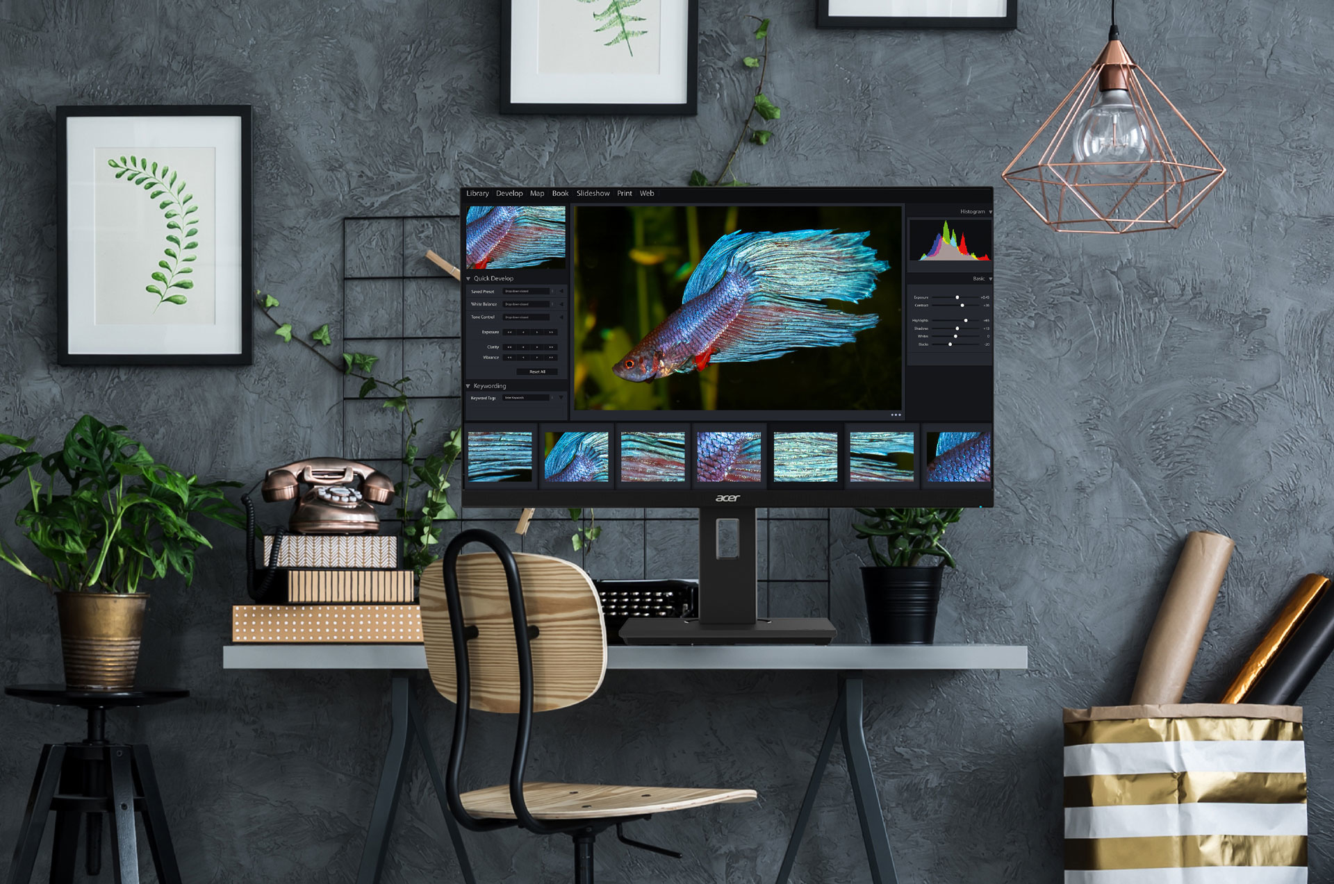 Monitor komputera wyświetlający oprogramowanie do edycji obrazu na biurku.