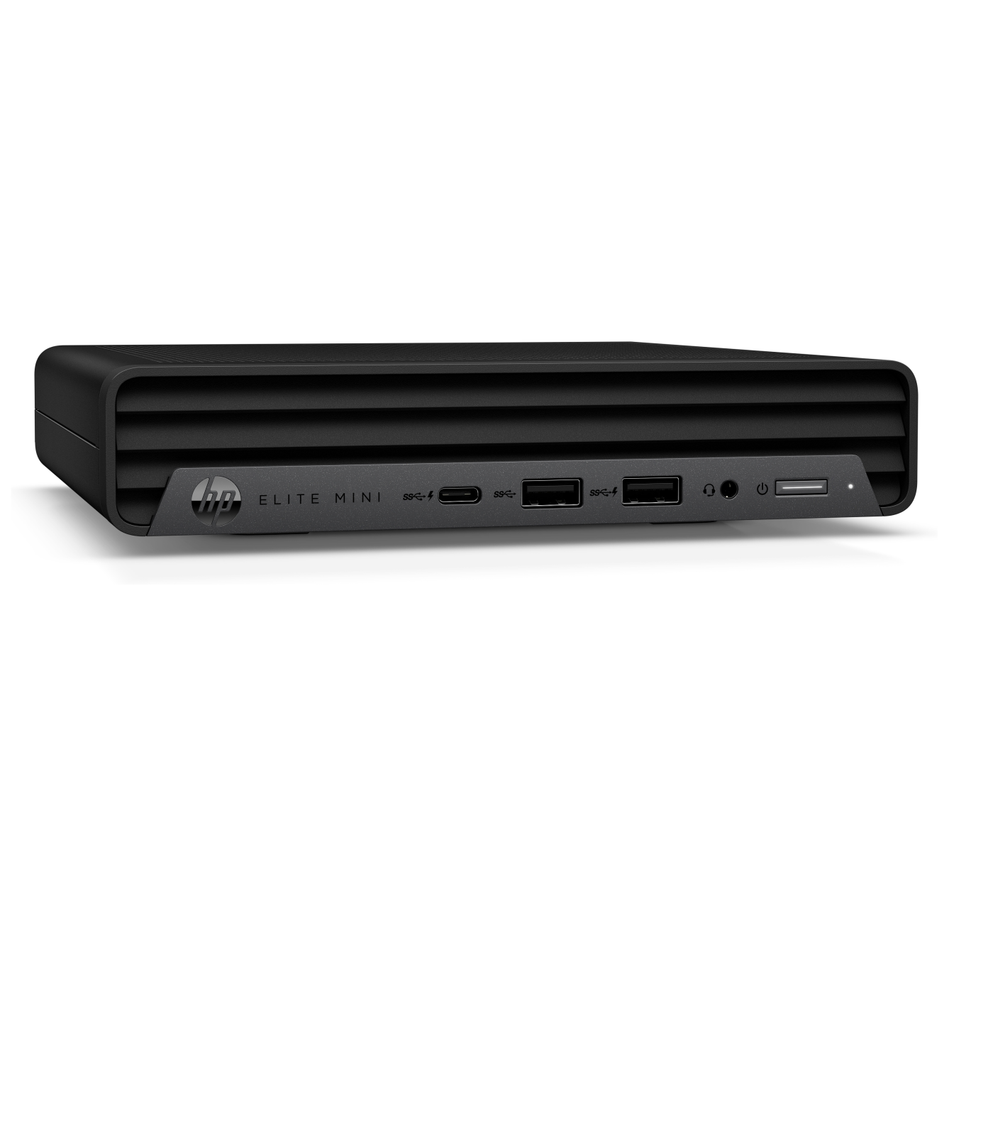 Schwarzer HP Elite Mini Computer. Er hat verschiedene Anschlüsse und das HP-Logo auf der Vorderseite.