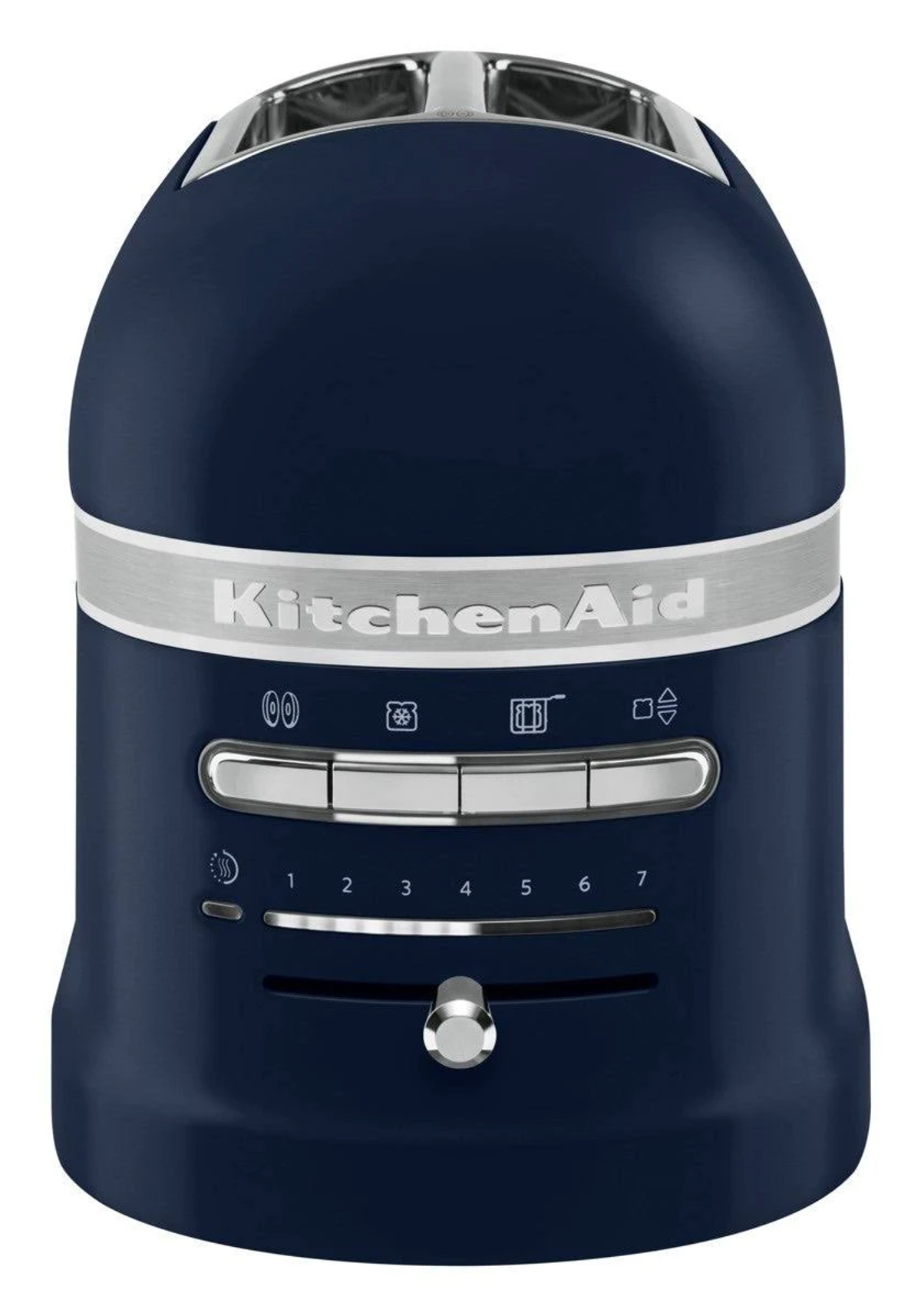 Tostapane KitchenAid blu scuro con pulsanti e manopola. Accenti argentati.