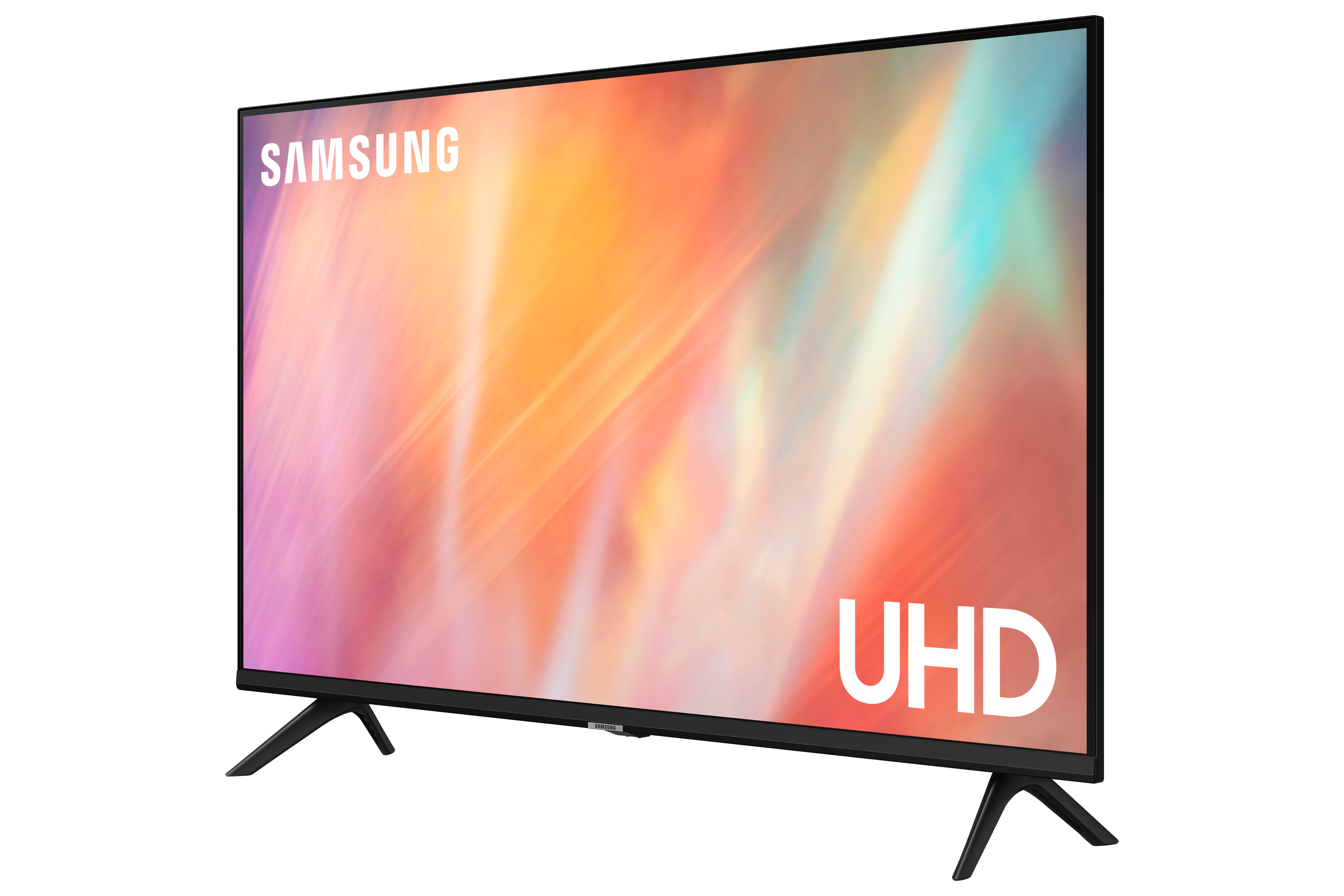 Una TV Samsung UHD, angolata, con display colorato e gambe nere.