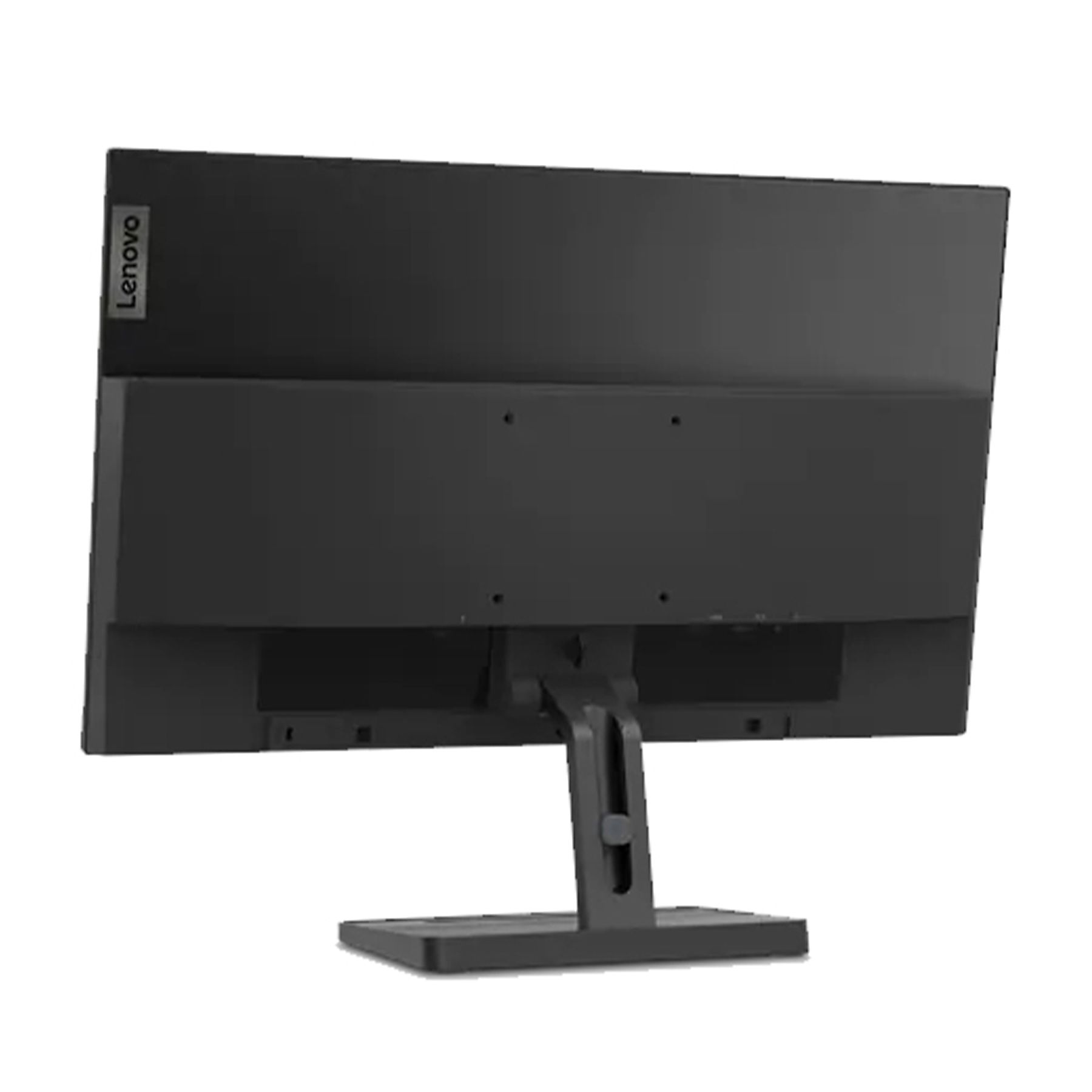 Parte posteriore di un monitor per computer nero con il logo Lenovo e un supporto. È su uno sfondo bianco.