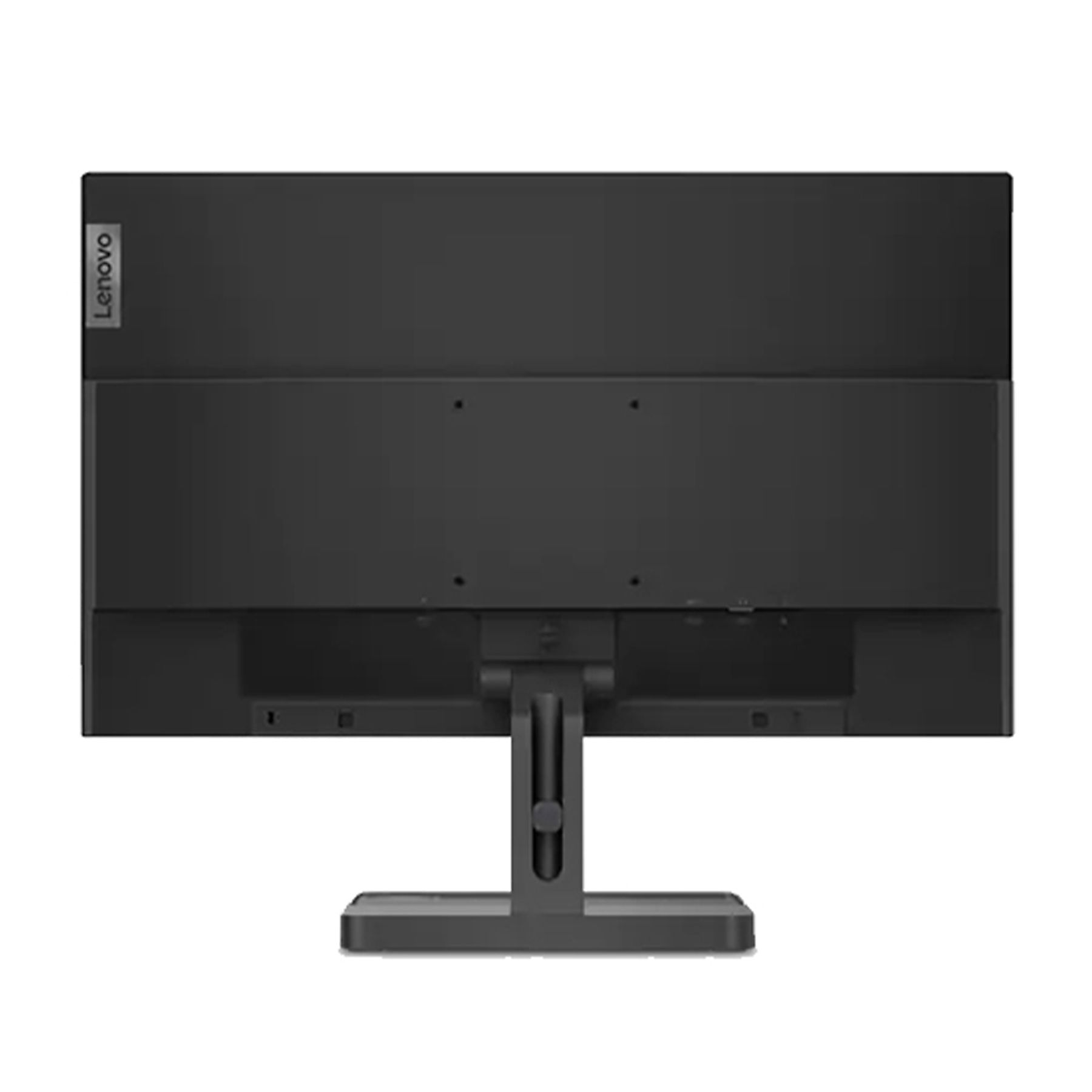 Retro di un monitor Lenovo nero con supporto, su sfondo bianco.