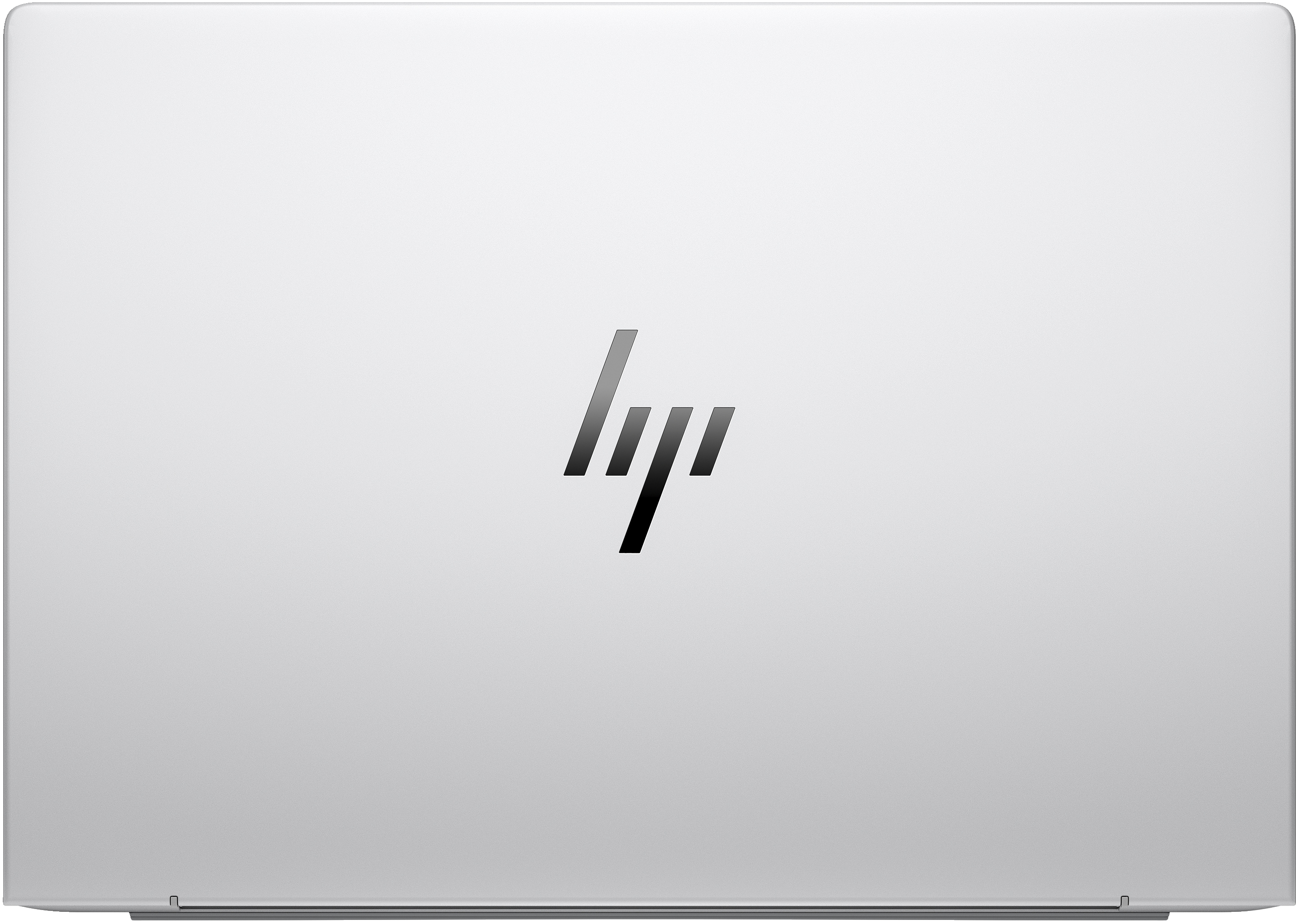 Coperchio di laptop argentato con logo HP nero centrato. Il coperchio ha angoli arrotondati e superficie liscia.