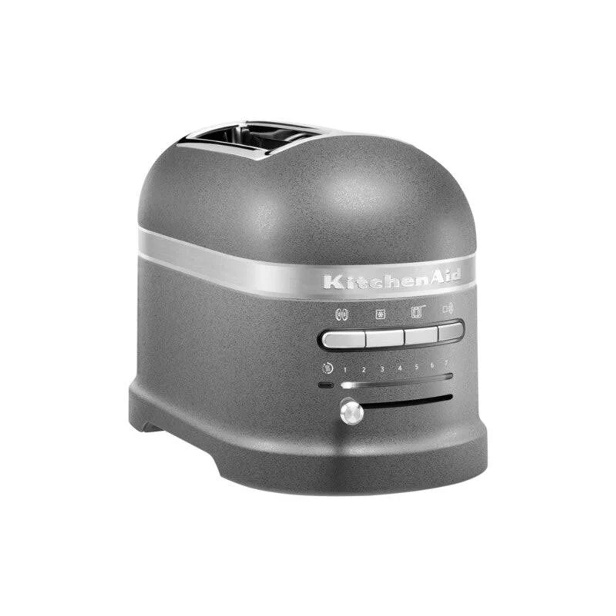 Tostapane KitchenAid grigio su sfondo bianco, con impostazioni.