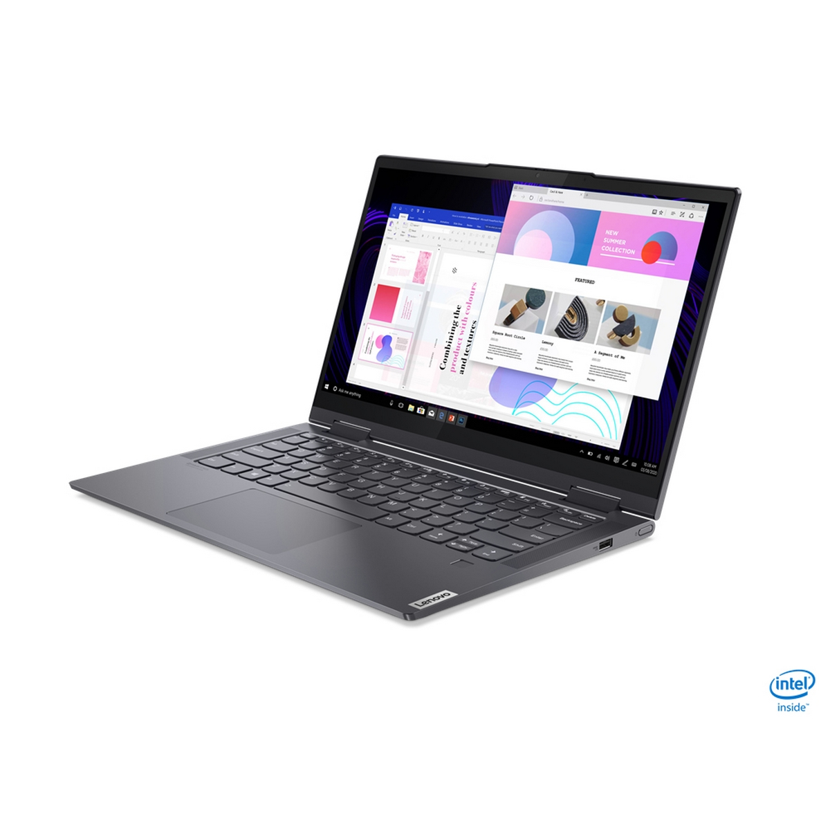 Laptop, aperto con un display software, su una superficie bianca con uno sfondo bianco.