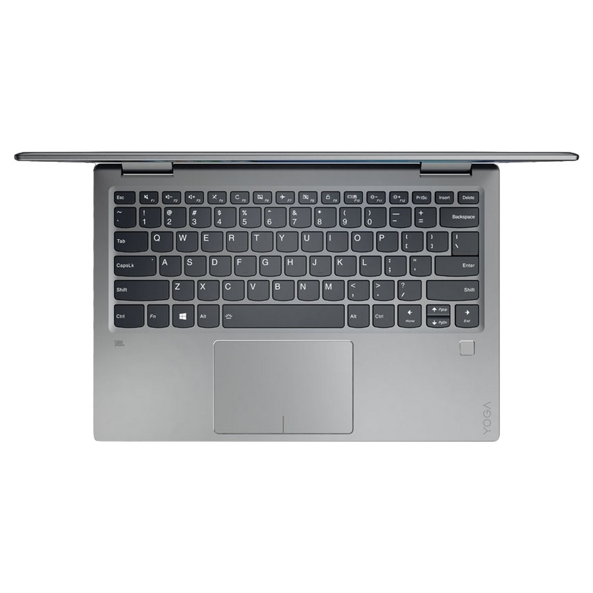 Laptop visto dall'alto, che mostra tastiera e touchpad, con schermo leggermente aperto.