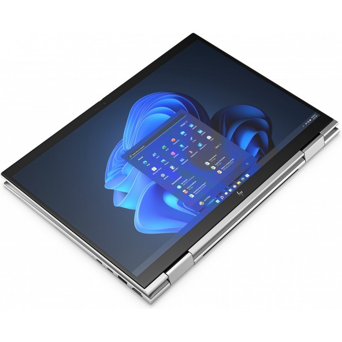 Un laptop argentato con uno schermo simile a un tablet che mostra un'interfaccia Windows, leggermente angolato.