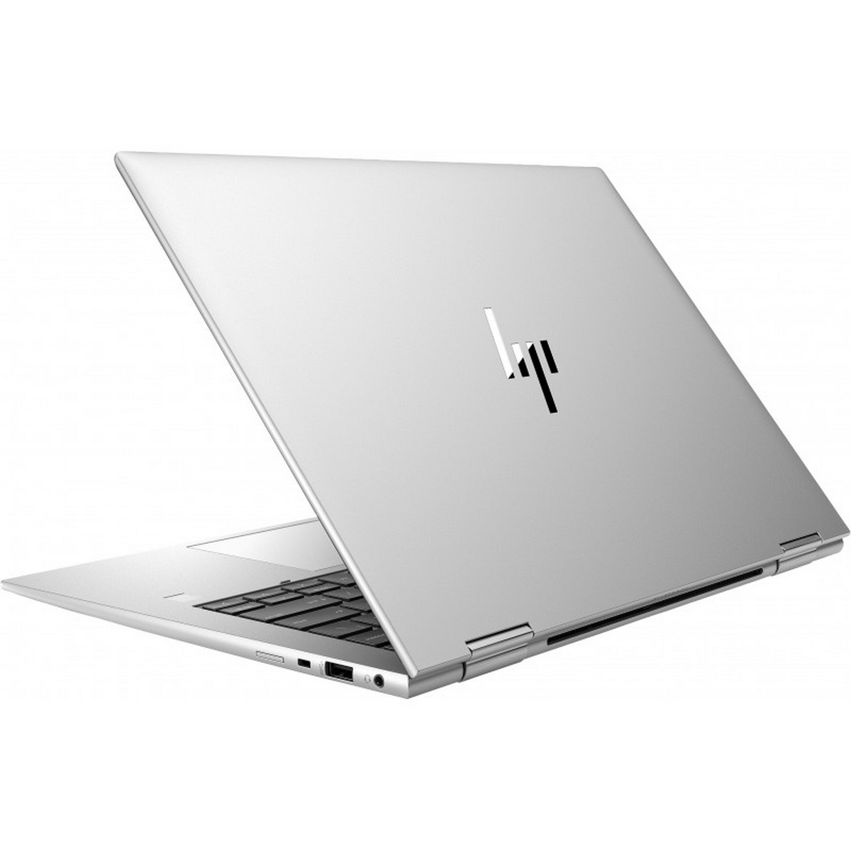 Laptop HP argentato, vista posteriore, con il logo HP visibile.