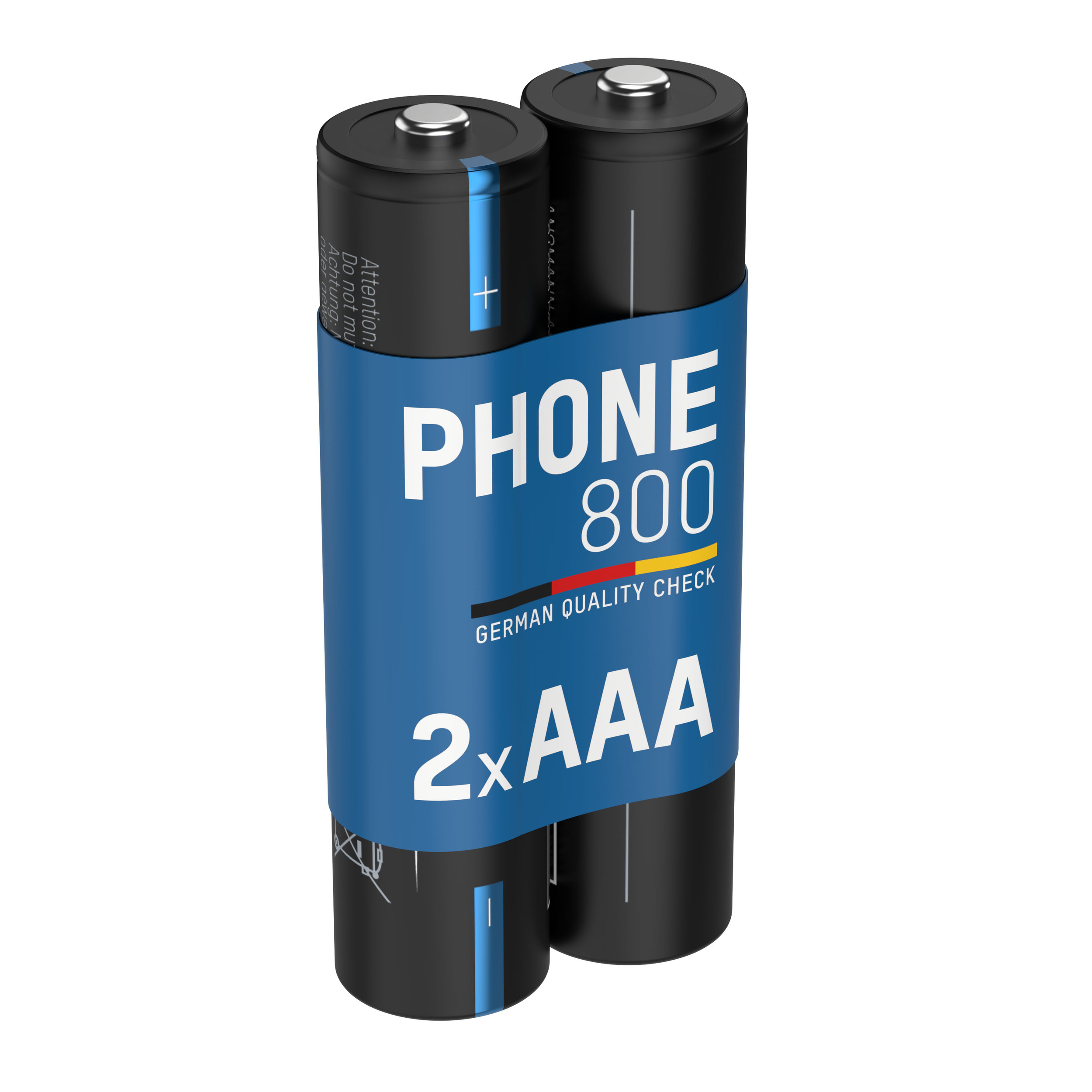 Zwei AAA-Batterien in einer blau-schwarzen Verpackung mit der Aufschrift "PHONE 800" und "2xAAA".